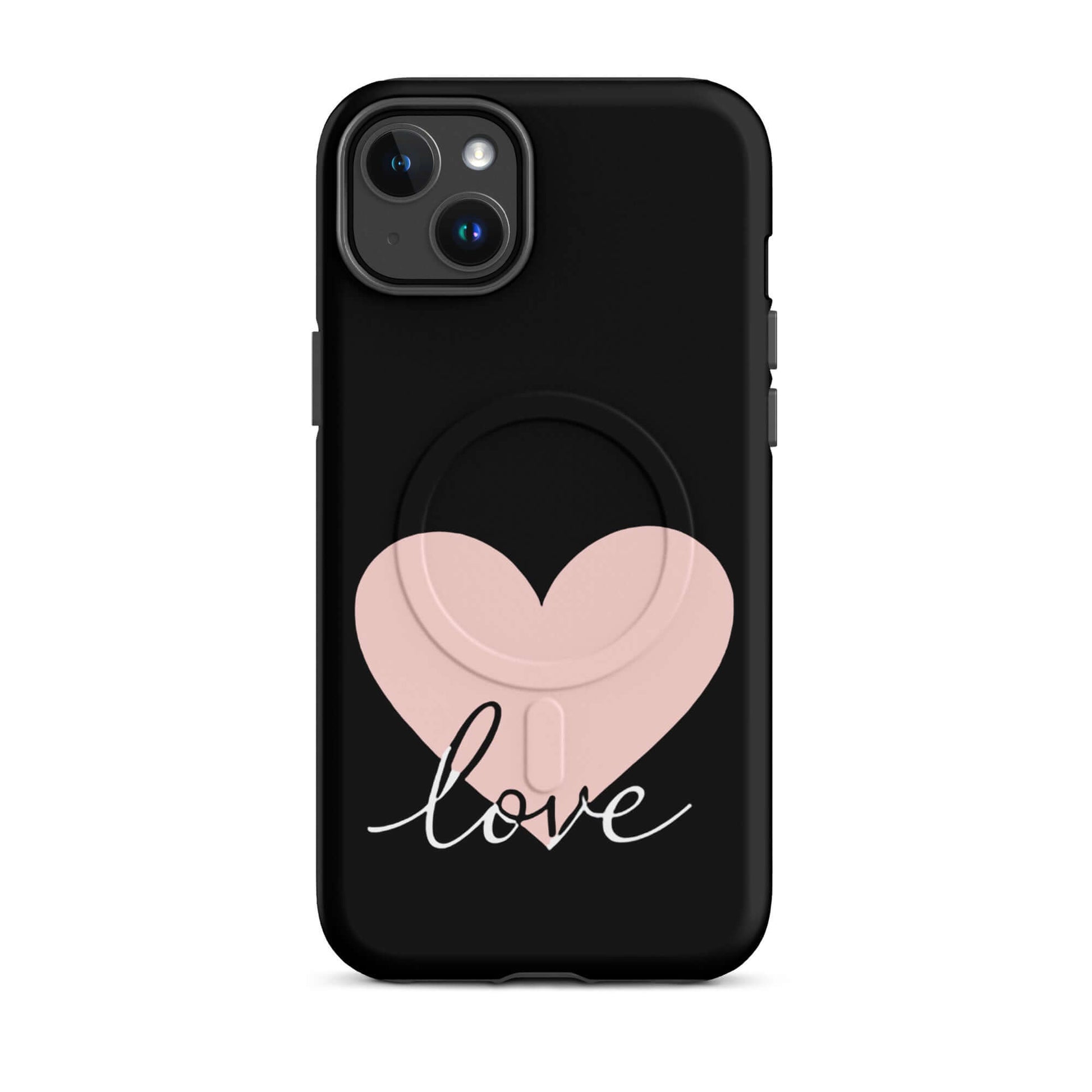 Magnetic Phone Case featuring a pink heart and script 'love' on a black background for stylish protection.