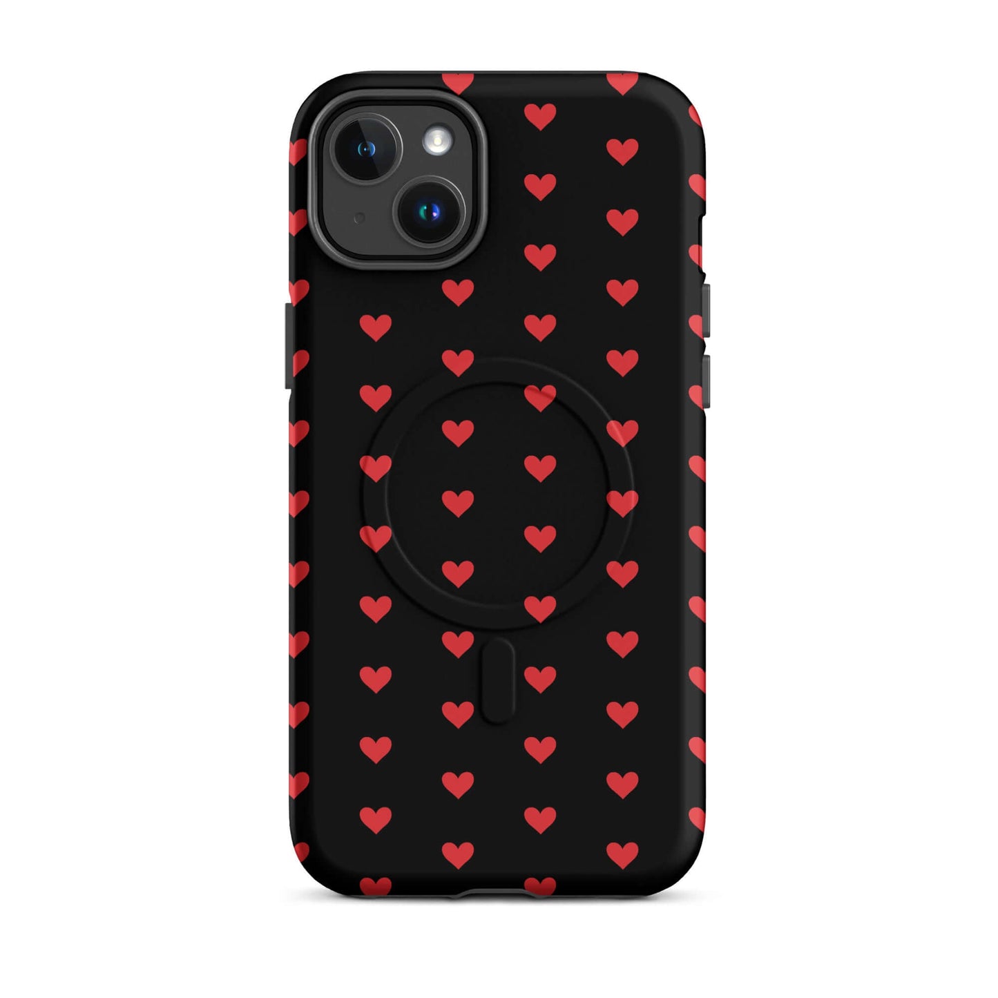 Magnetic Phone Case for iPhone featuring a pattern of fiery red hearts on a black background.