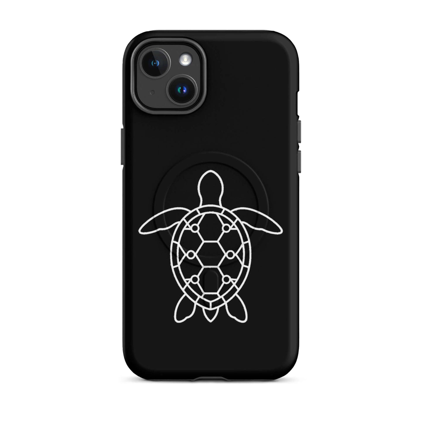 Magnetic Phone Case featuring a minimalist sea turtle silhouette with geometric patterns on a black background.