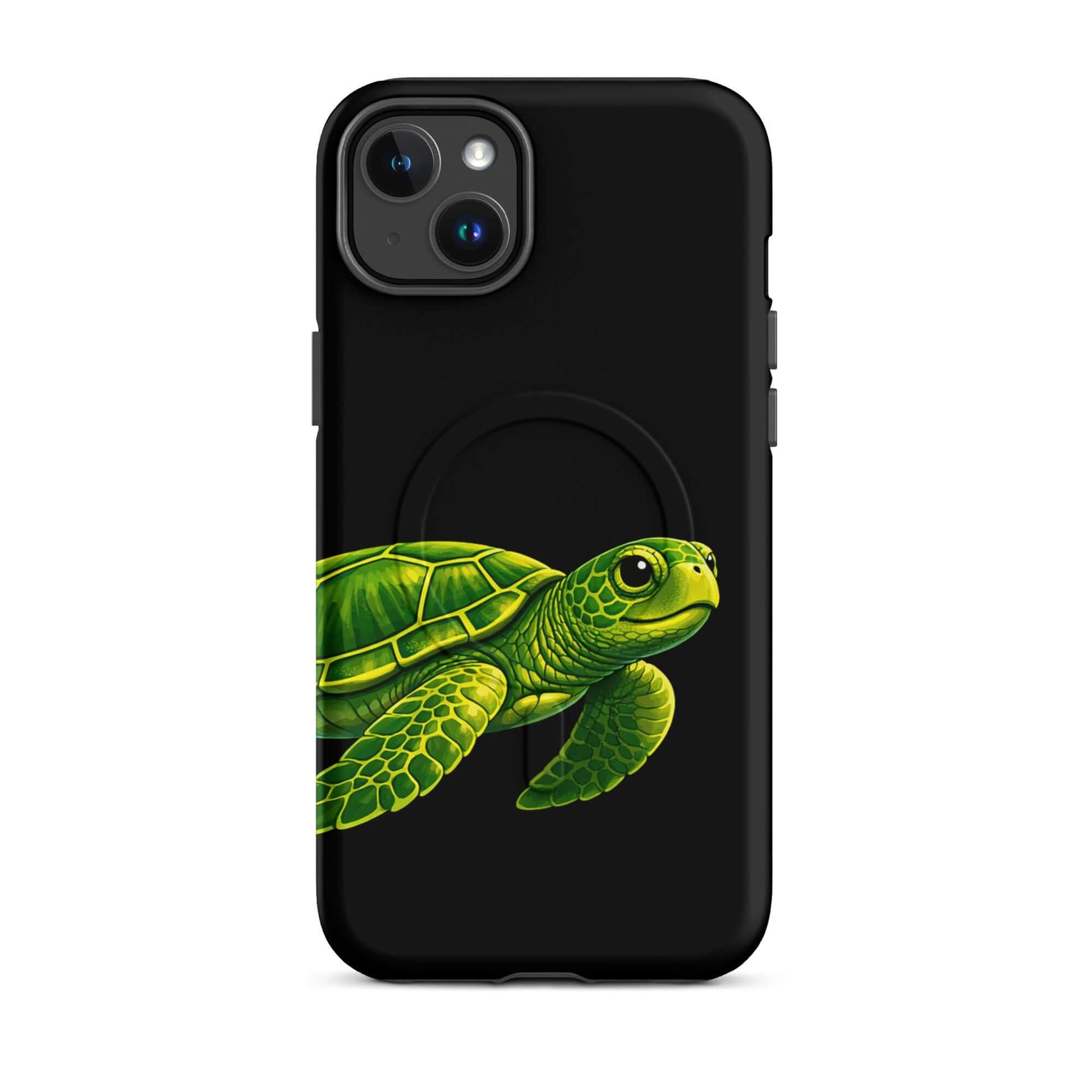 Magnetic Phone Case featuring vibrant sea turtle design on a black background for iPhone.