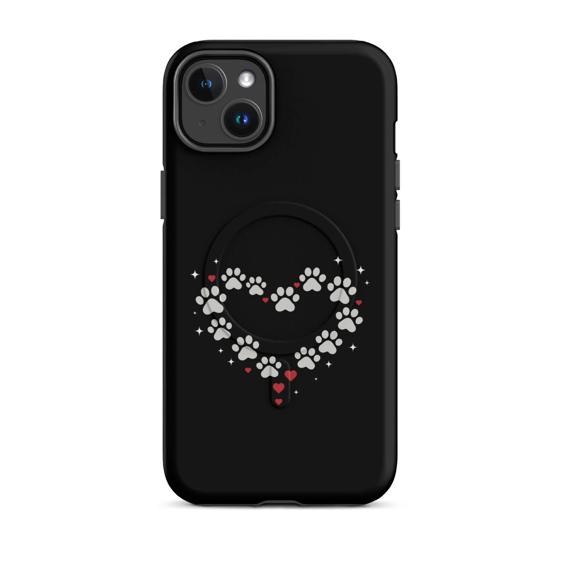 Magnetic Phone Case featuring a paw-print heart design on a sleek black background.