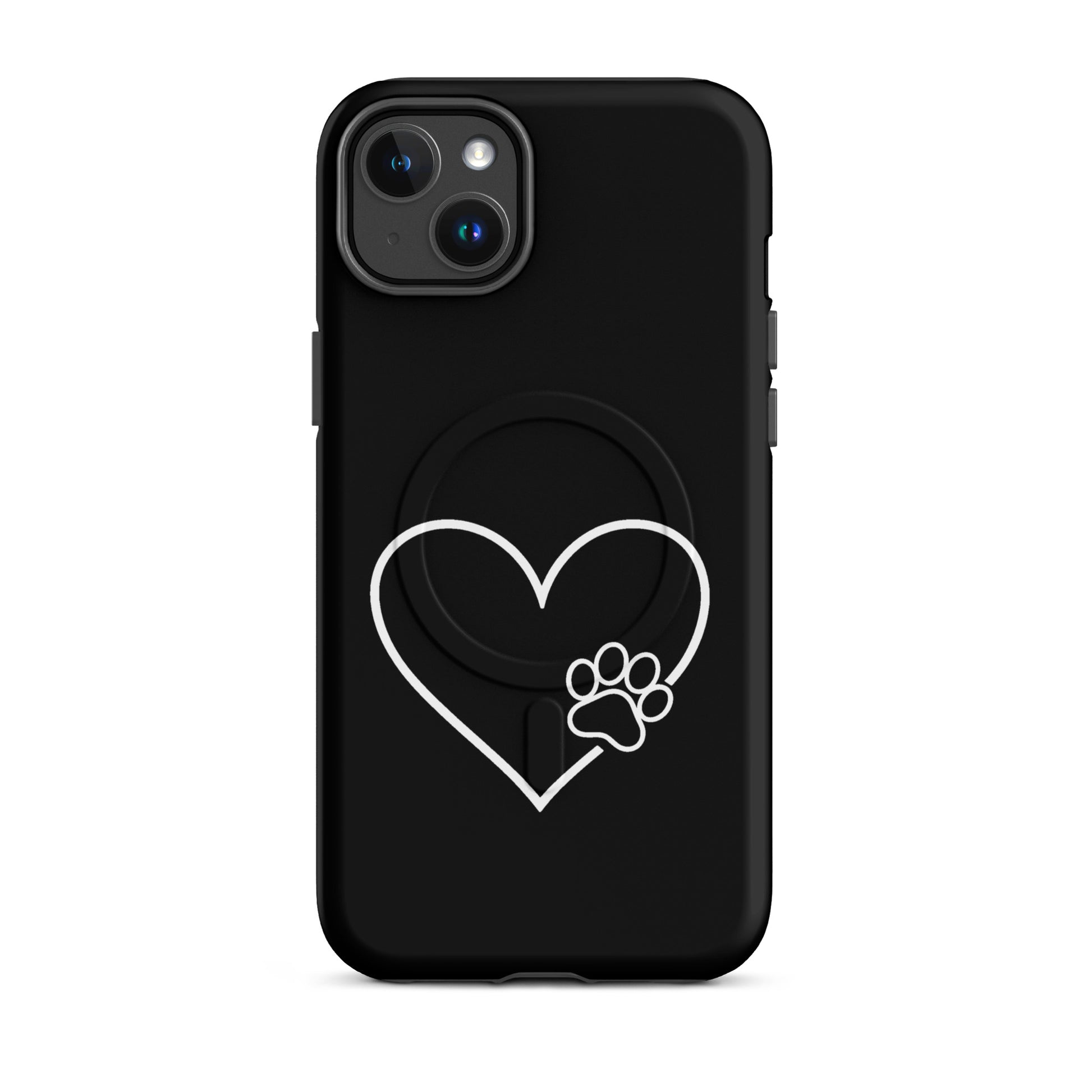 Magnetic Phone Case with heart paw print design, perfect for pet lovers. Sleek white heart and paw motif on black iPhone case.