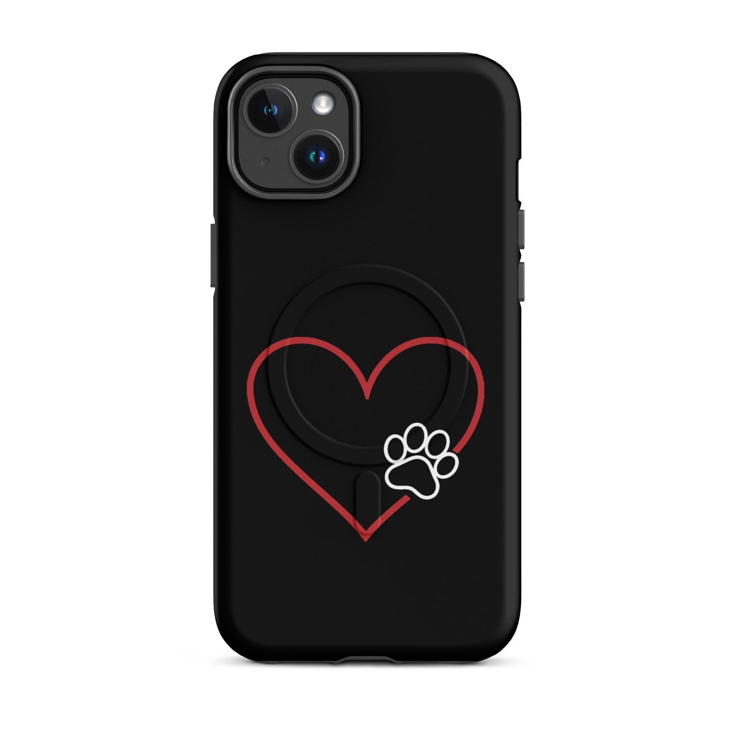 Magnetic Phone Case for iPhone with heart paw print design, sleek black cover featuring pet lover style for tech enthusiasts.