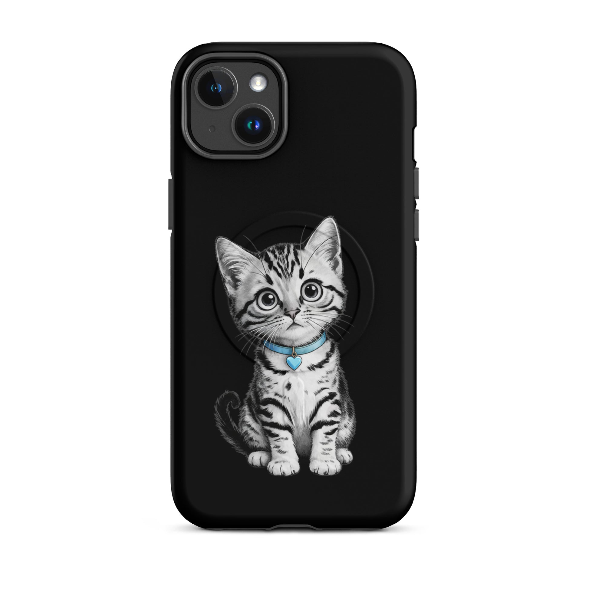 Magnetic Phone Case featuring pencil-sketch kitten with blue collar and heart charm on a black background for iPhone protection.