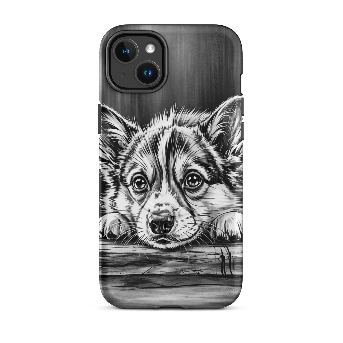 Magnetic Phone Case with monochrome puppy illustration for iPhone, showcasing elegant protection and artistic design.