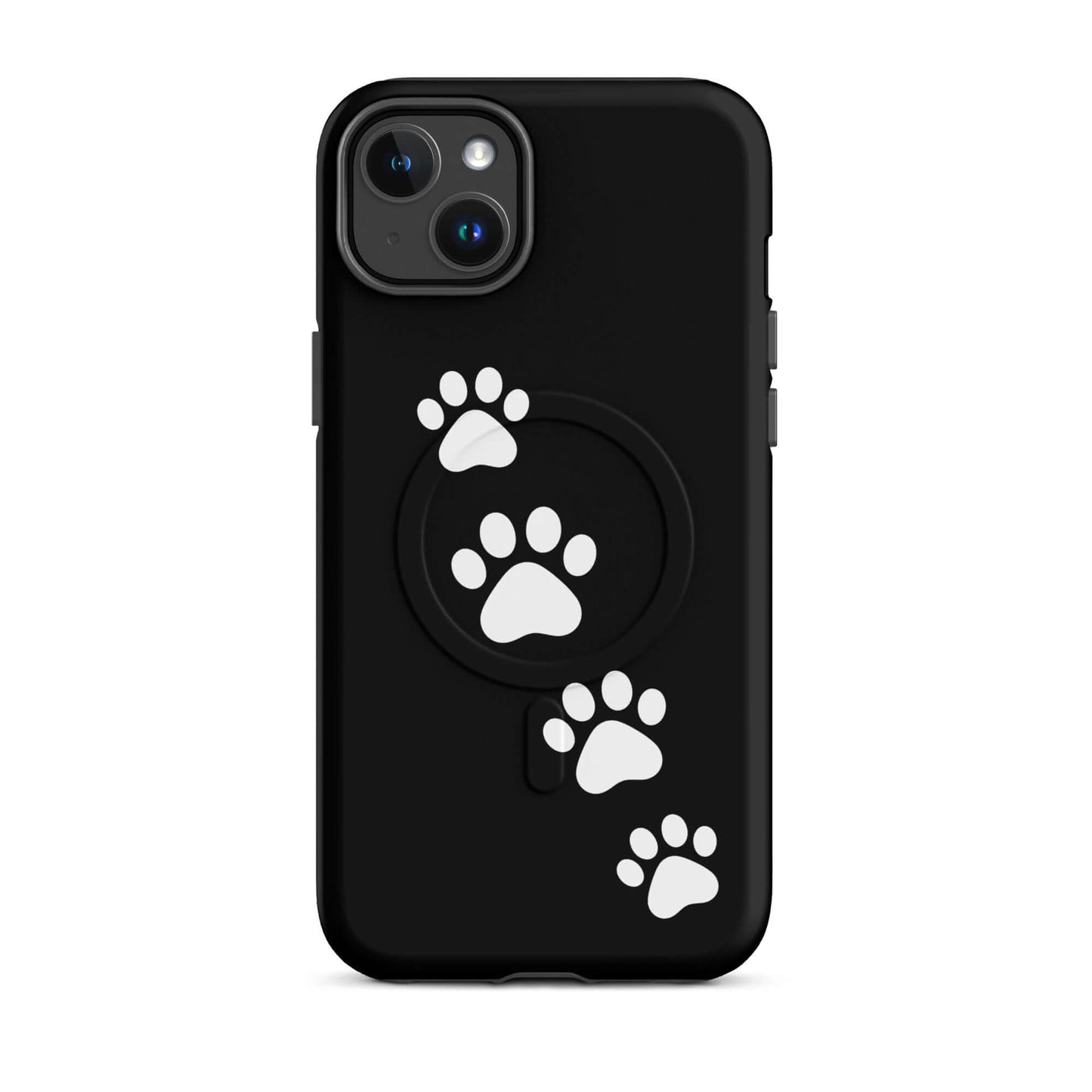 Magnetic Phone Case with paw-print trail design for pet lovers, sleek black background with white paw prints.