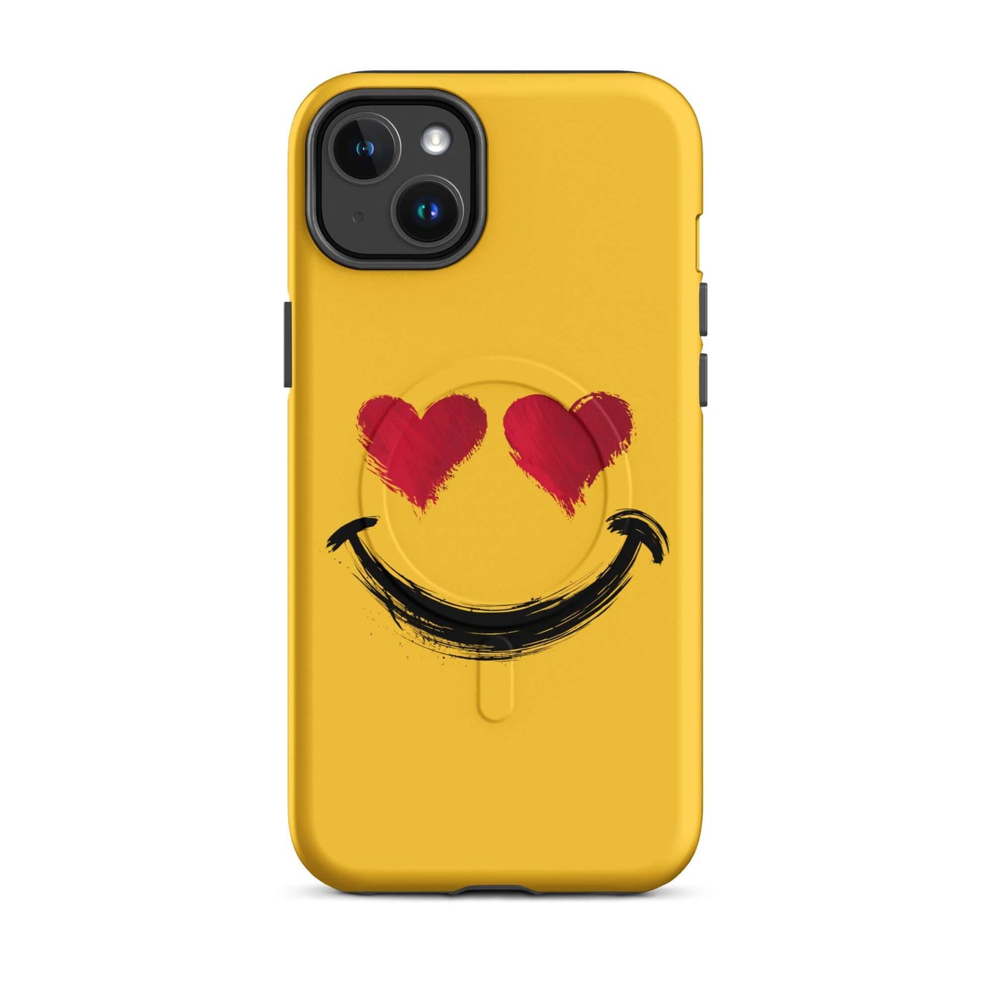 Magnetic Phone Case with heart-eyes smiley art for iPhone in yellow, playful and expressive design.