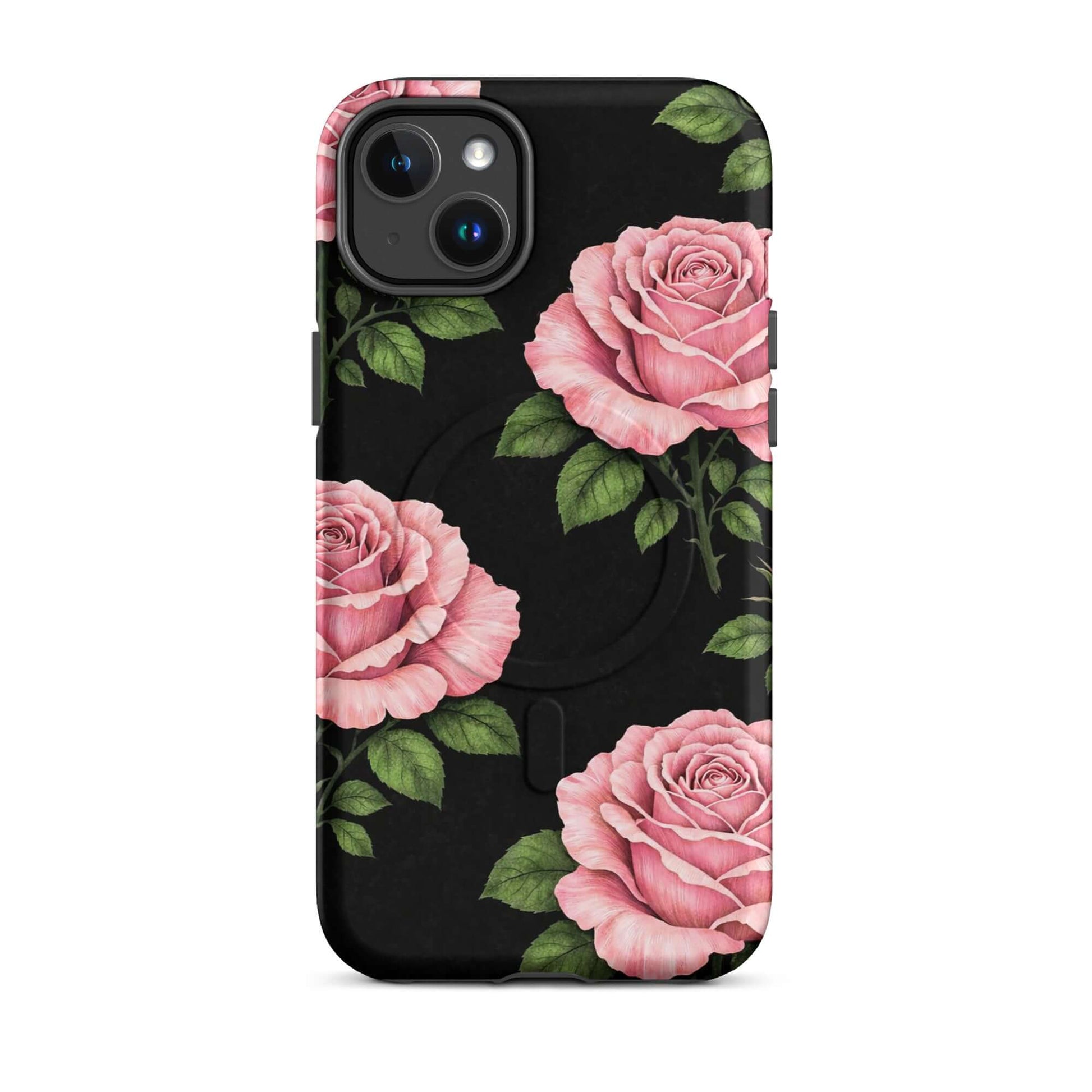 Magnetic Phone Case with pink roses and green leaves on black background for iPhone, showcasing elegant floral design.