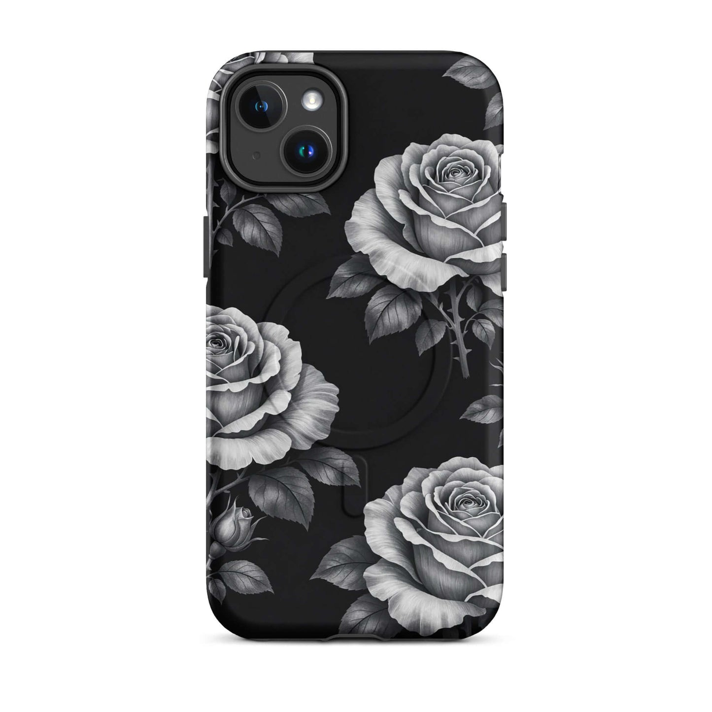Magnetic Phone Case with pencil-stencil rose pattern on black for iPhone, Rose Garden Tough Case.