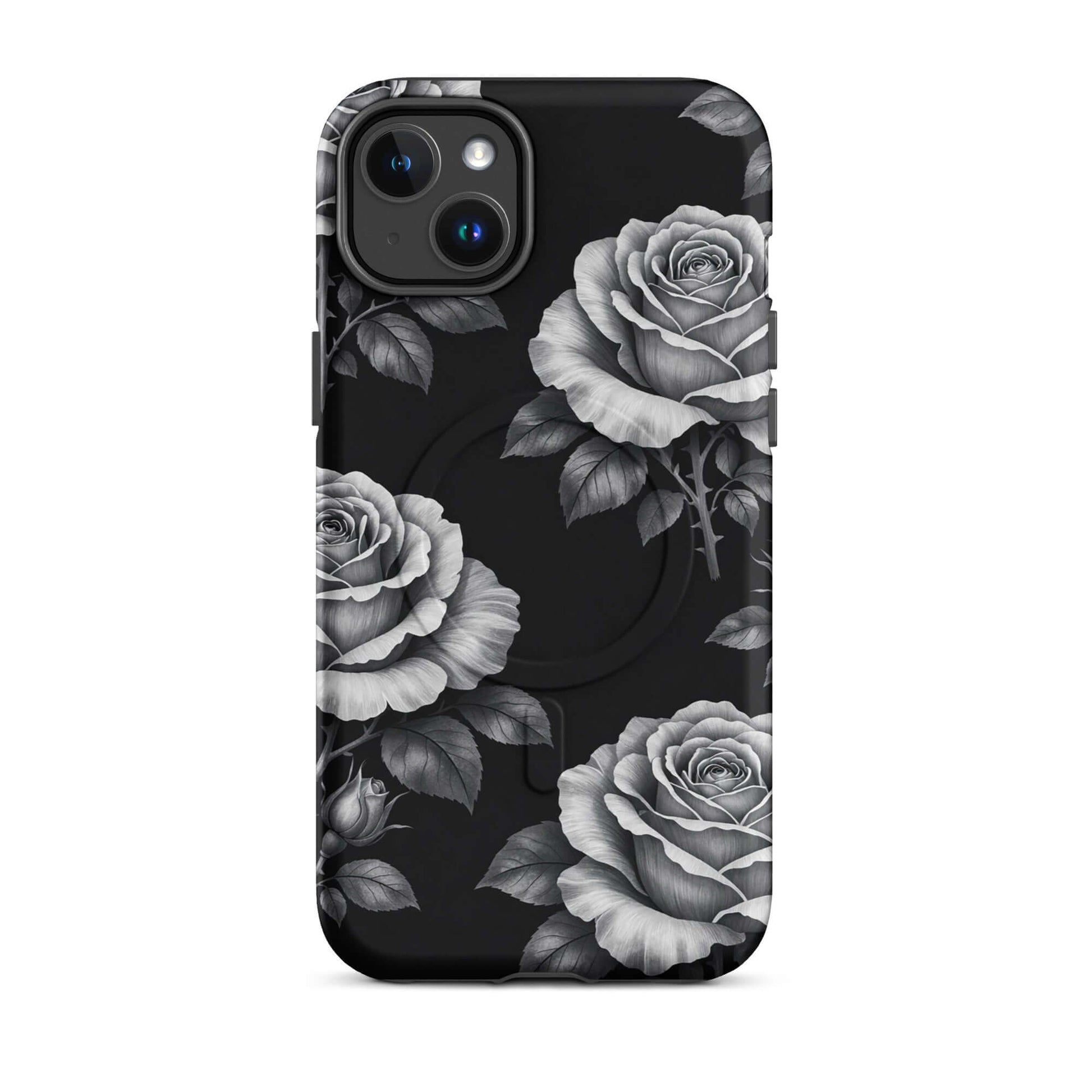 Magnetic Phone Case with pencil-stencil rose pattern on black for iPhone, Rose Garden Tough Case.