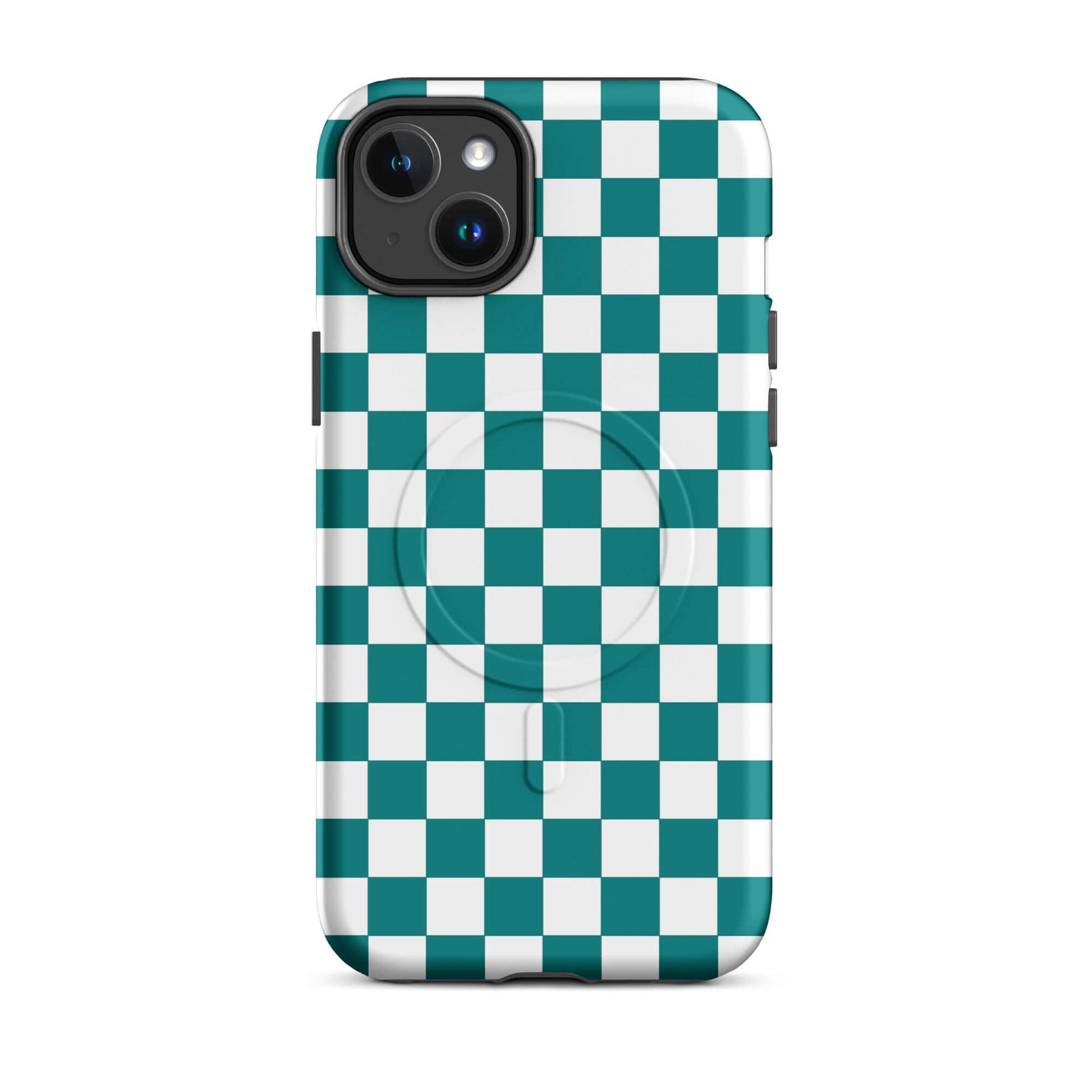 Magnetic Phone Case with teal and white checkered design, stylish protective cover for smartphones, bold and playful accessory.