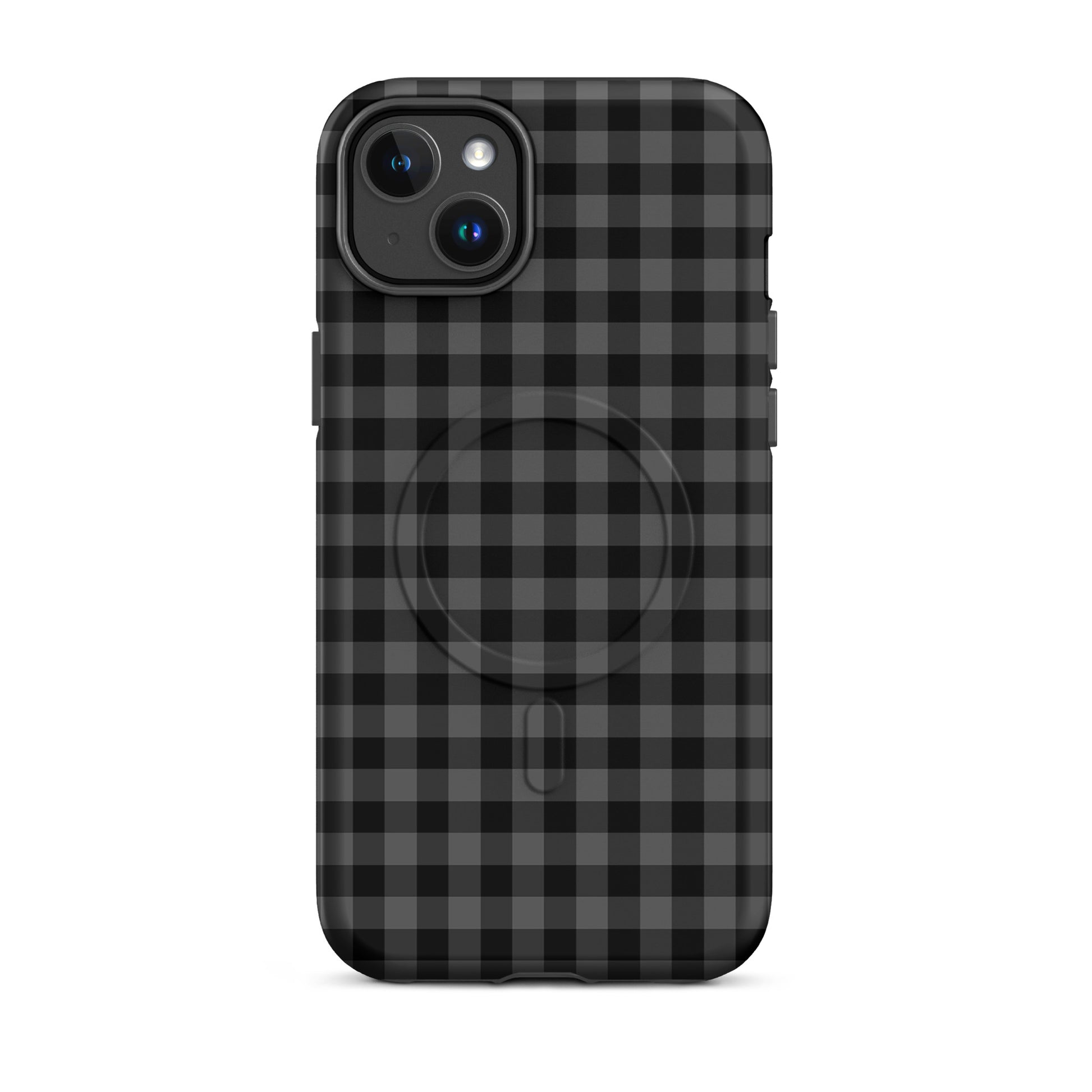 Magnetic Phone Case with black-charcoal gingham pattern, stylish and durable design for iPhone.