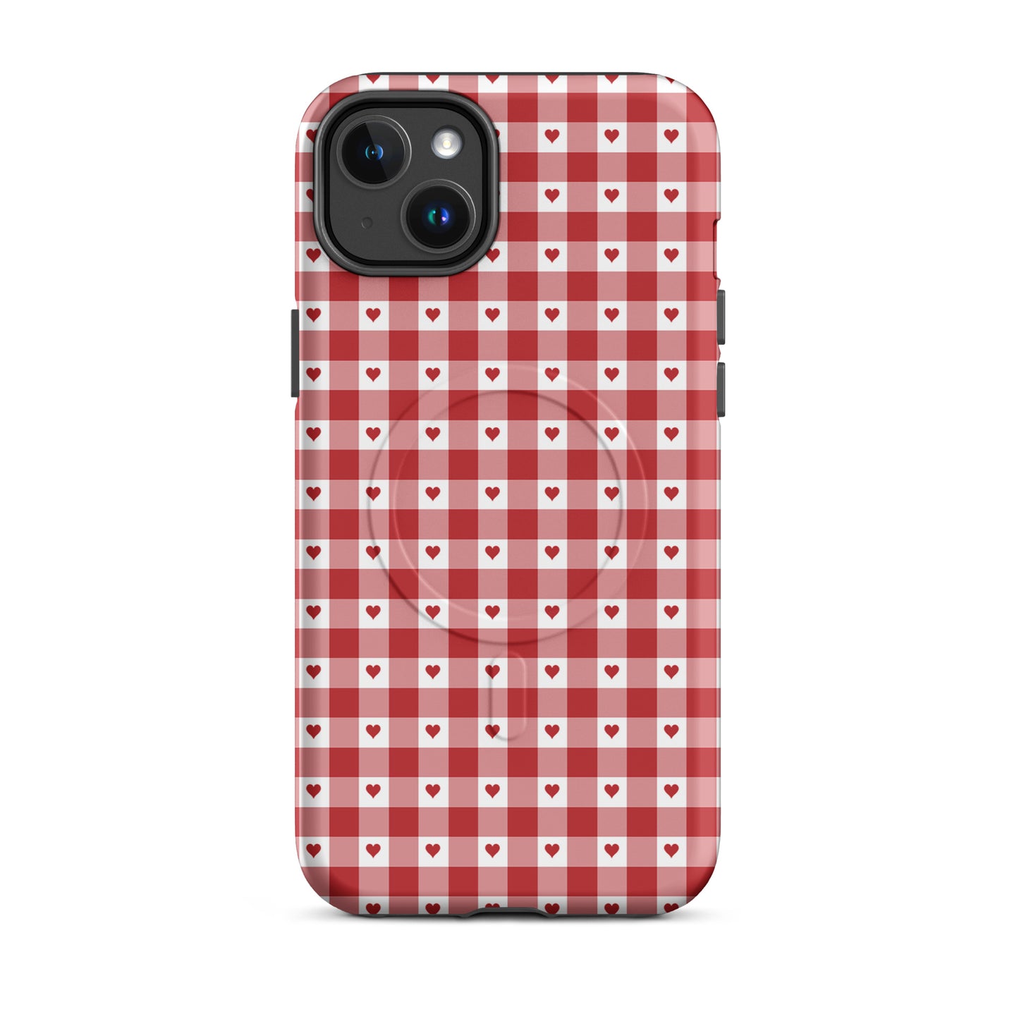Magnetic Phone Case with red gingham heart pattern for iPhone, stylish and durable design