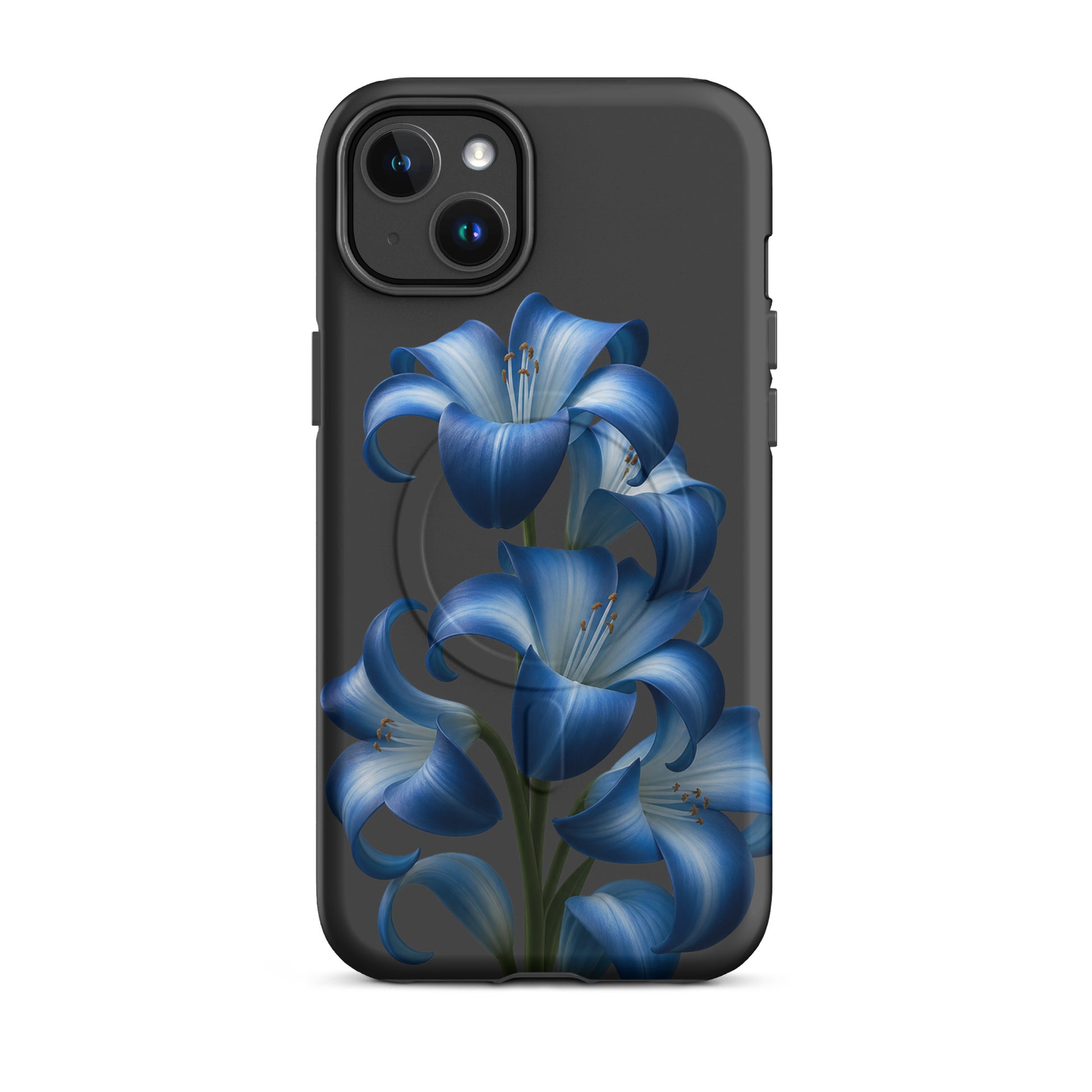 Magnetic Phone Case for iPhone featuring Blue Lily Bloom Art with vibrant blue flowers on a sleek dark background.