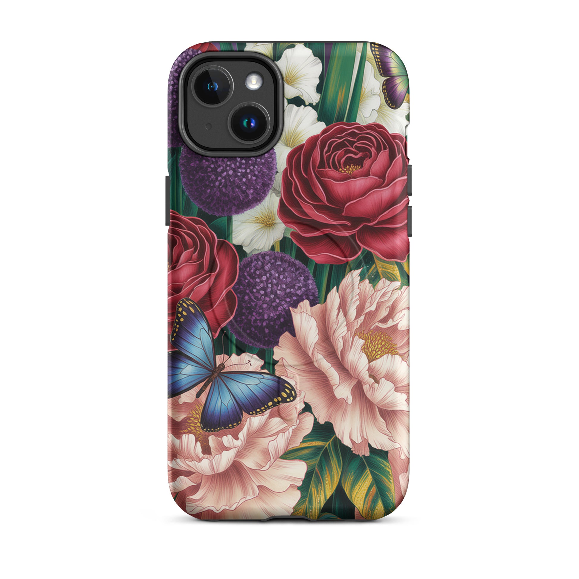 Magnetic Phone Case featuring vivid crimson roses, blush pink peonies, purple alliums, and blue butterflies for iPhone.