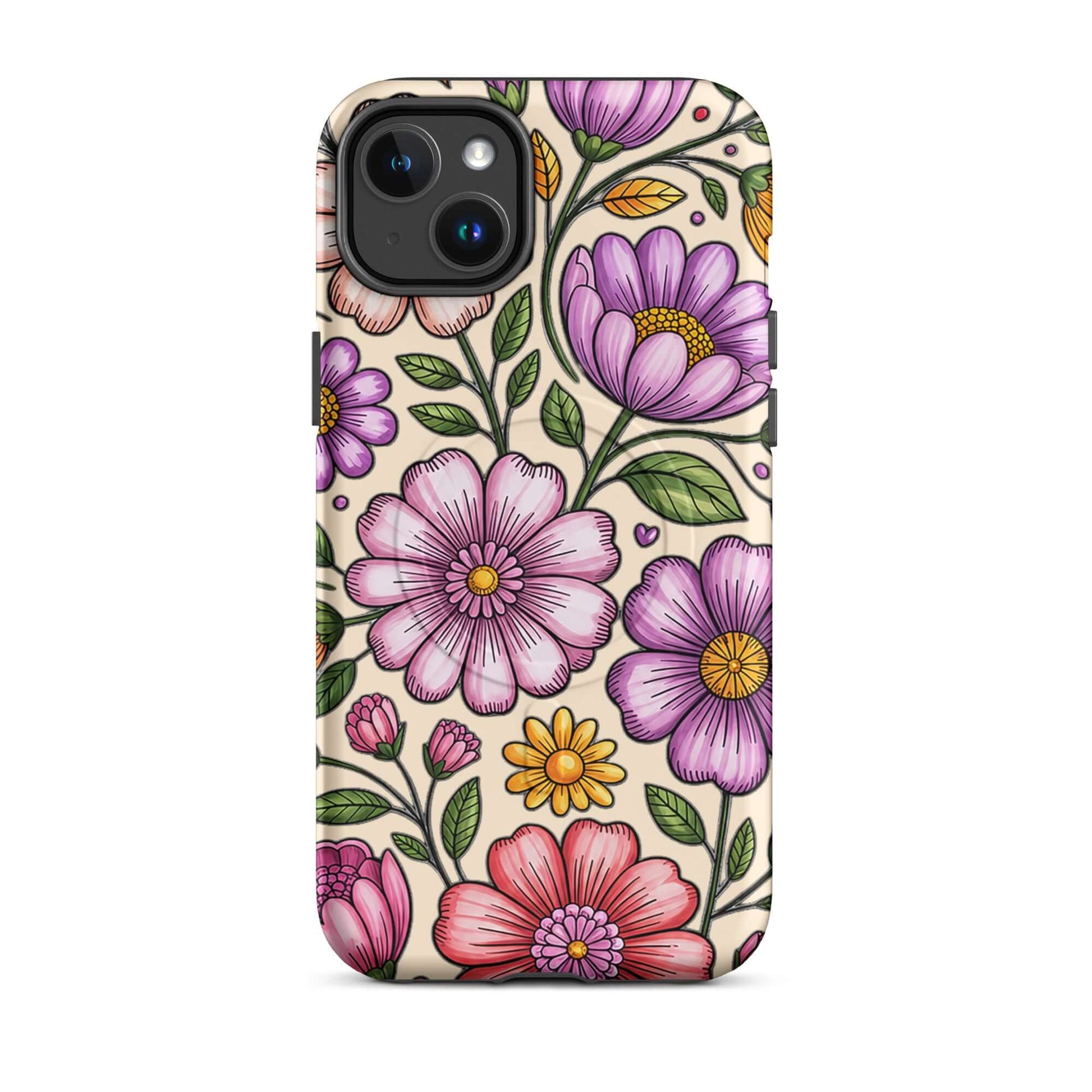 Magnetic Phone Case with pastel floral design in pink, peach, lavender, and yellow, featuring dual-layer protection on a phone.