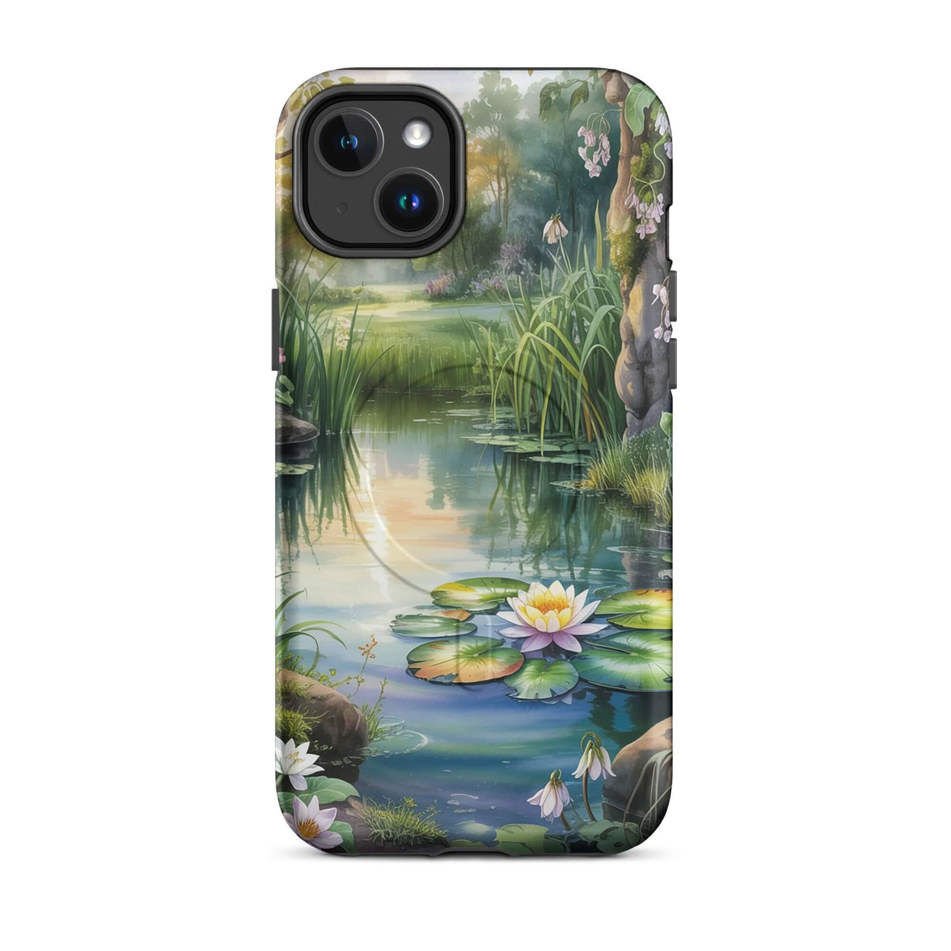 Magnetic Phone Case for iPhone with enchanted pond design featuring water lilies, greenery, and sunset reflections.