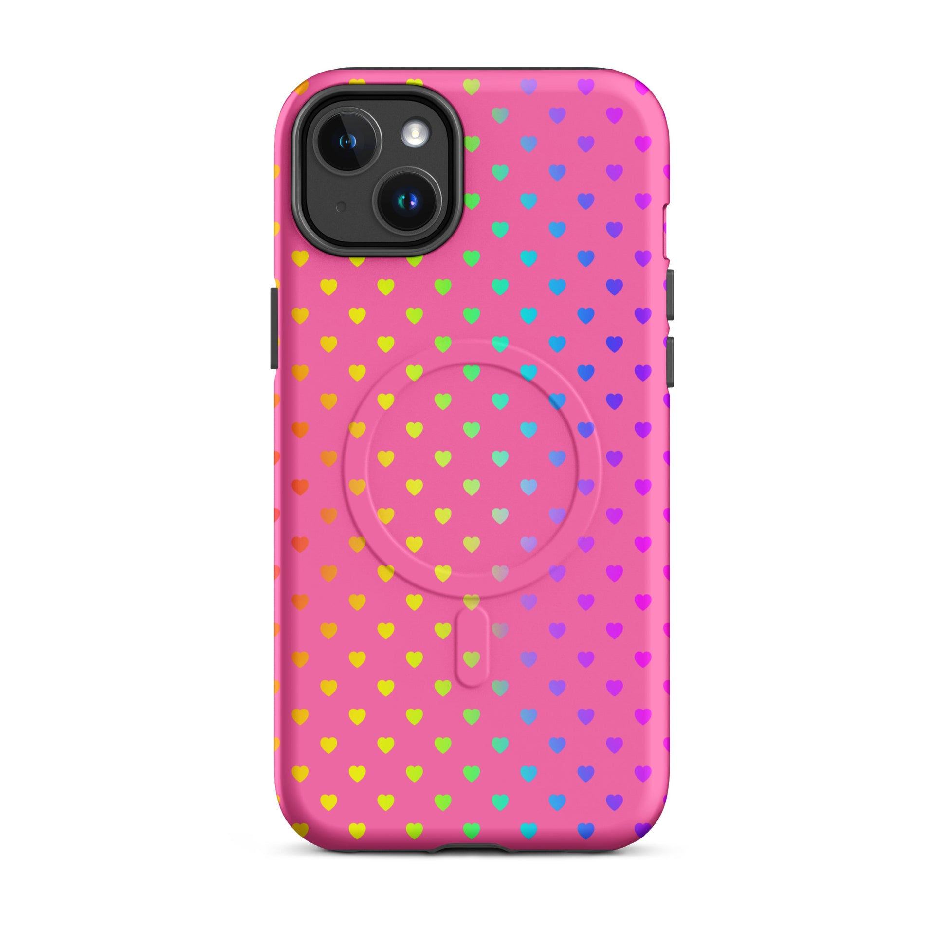 Magnetic Phone Case for iPhone with rainbow heart design on pink background, charming and colorful.
