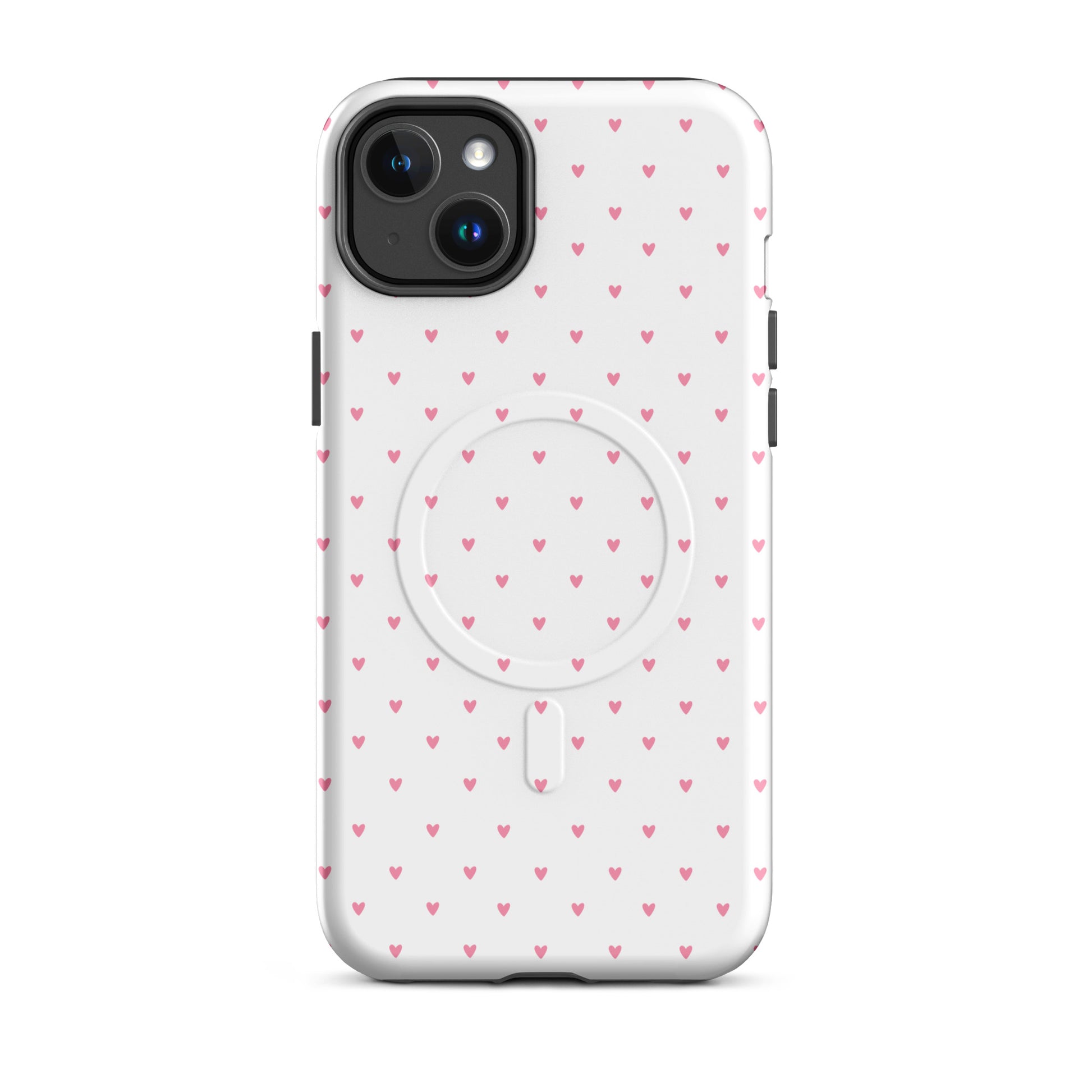 Magnetic Phone Case for iPhone with heart-dot pattern on white background, combining cute and stylish design.