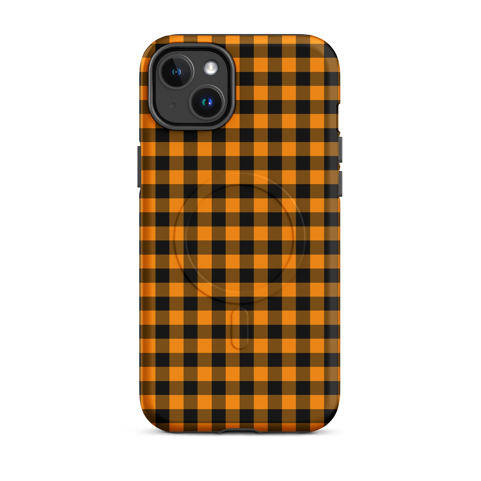 Magnetic Phone Case in black and orange gingham autumn theme for iPhone, offering style and durability.
