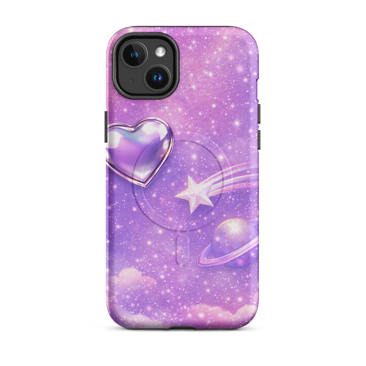 Magnetic Phone Case for iPhone with cosmic heart and shooting star design against a pastel cloud background.