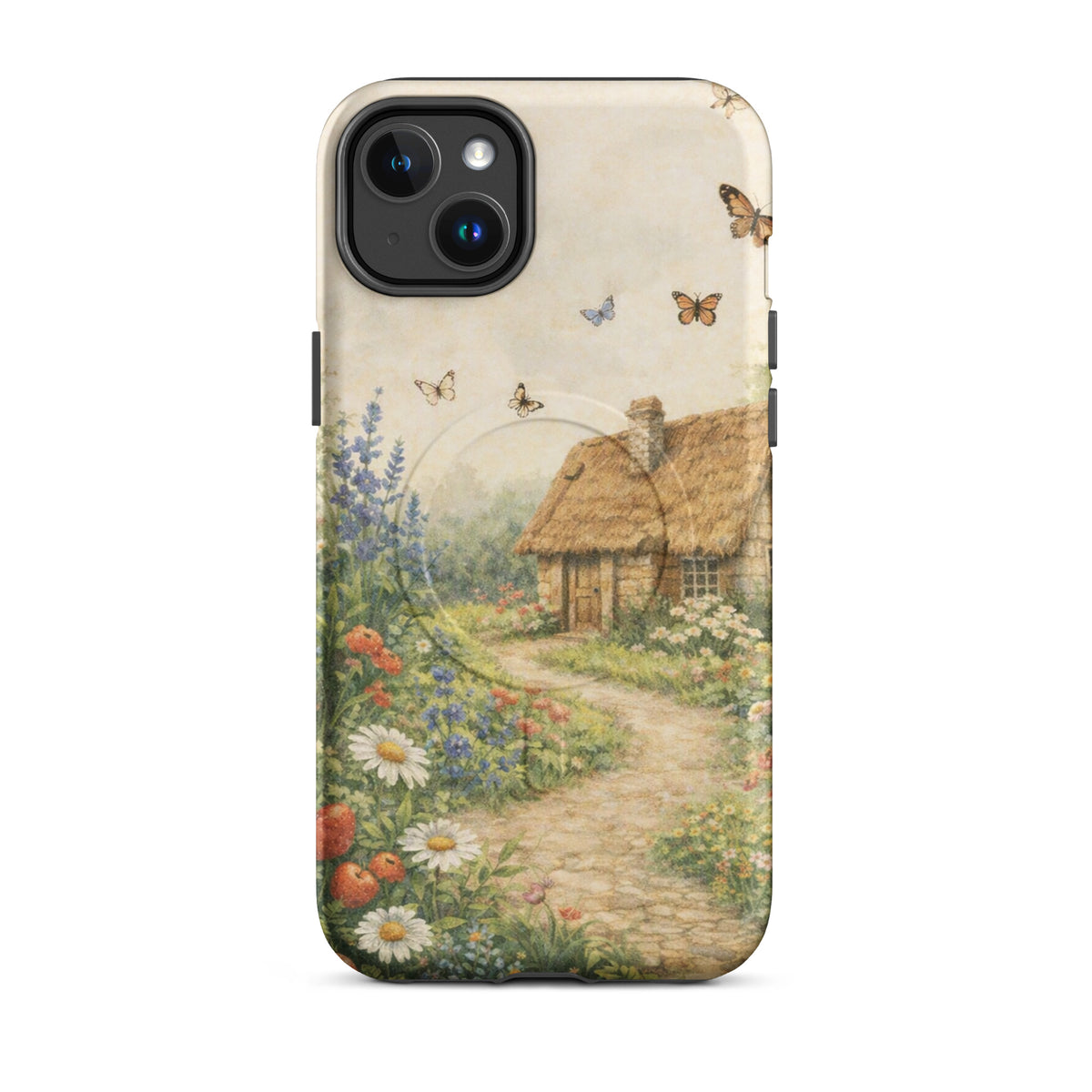 Magnetic Phone Case for iPhone with cottage garden art featuring a cozy stone cottage and vibrant flowers.