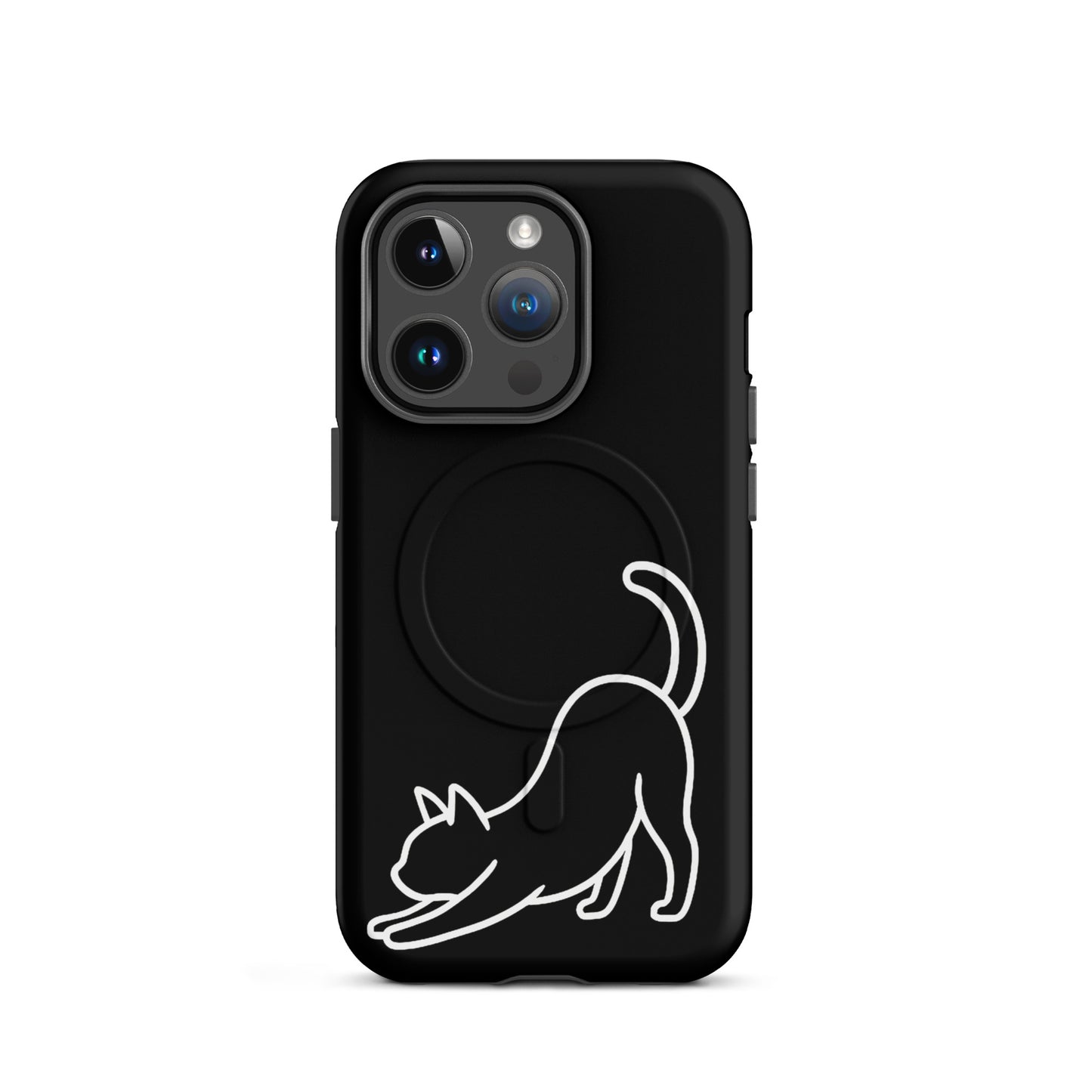 Magnetic Phone Case featuring a minimalist cat design stretching on a sleek black case for iPhone.