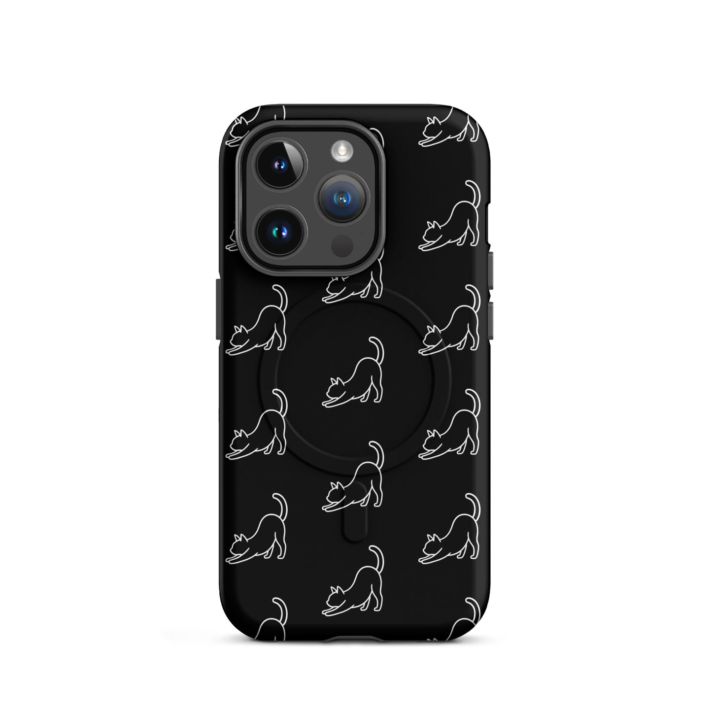 Magnetic Phone Case featuring a minimalist stretching cat pattern on a sleek black background.