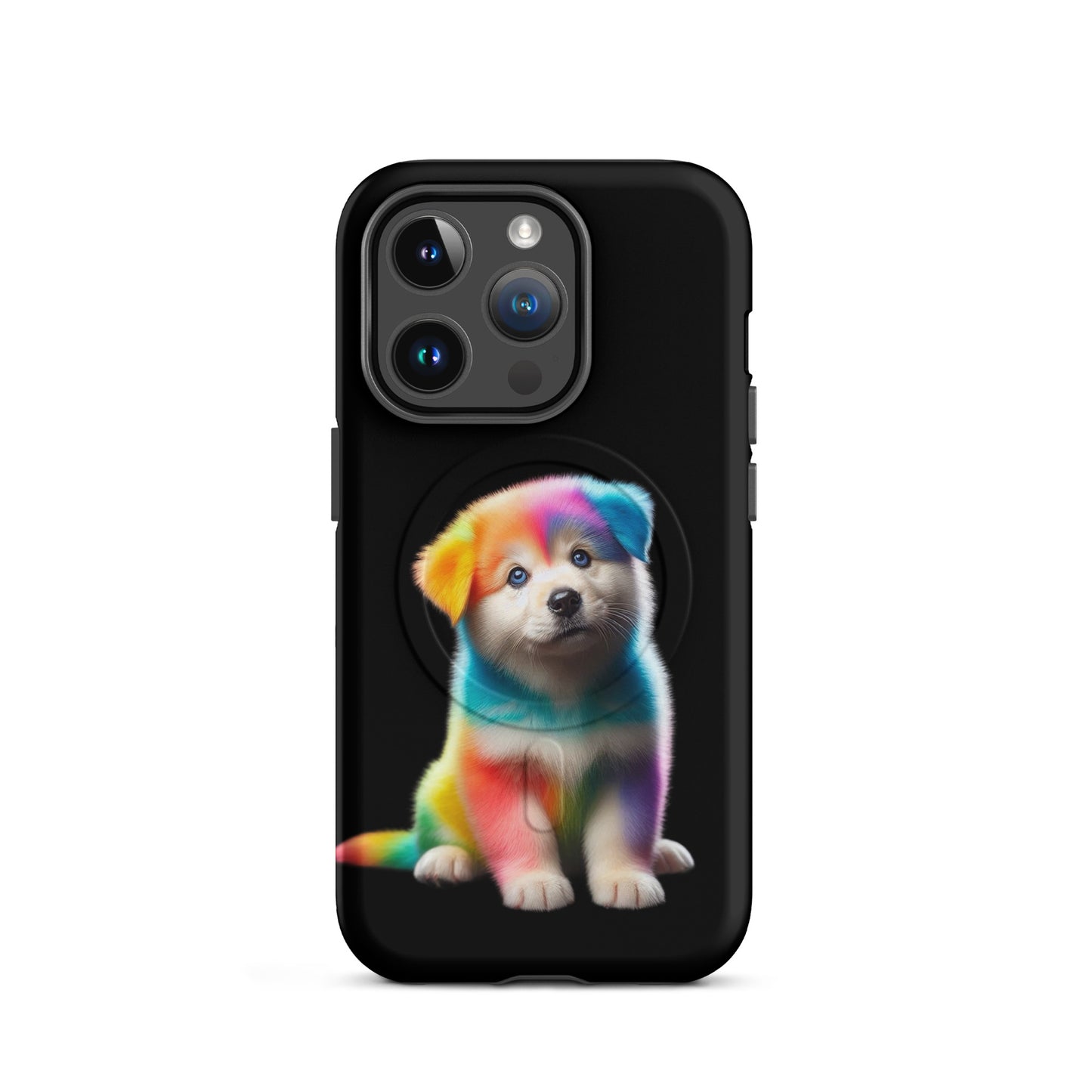 Magnetic Phone Case featuring a rainbow puppy design on a black background, perfect for playful pet lovers.