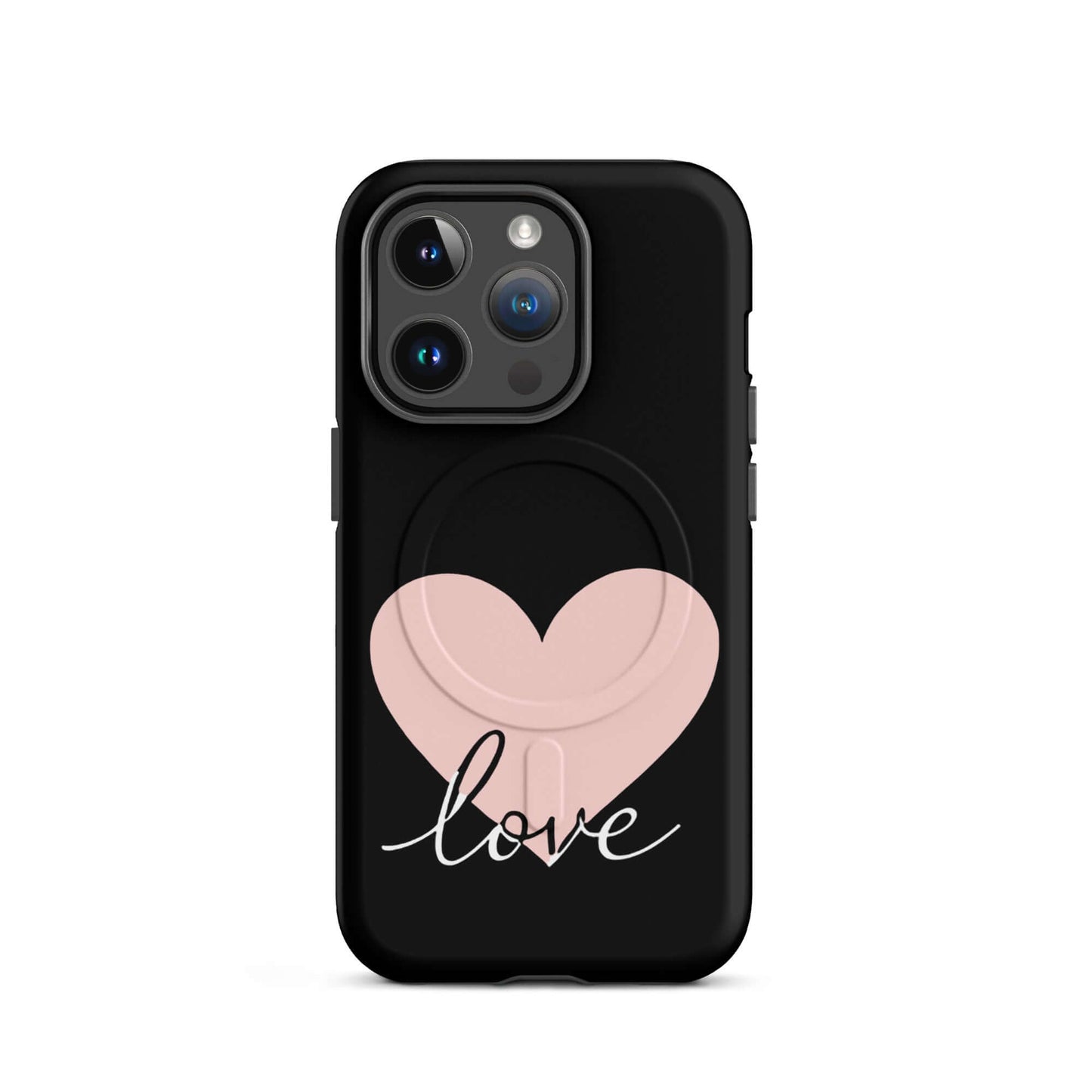 Magnetic Phone Case featuring heart and script 'love' design on a sleek black background.