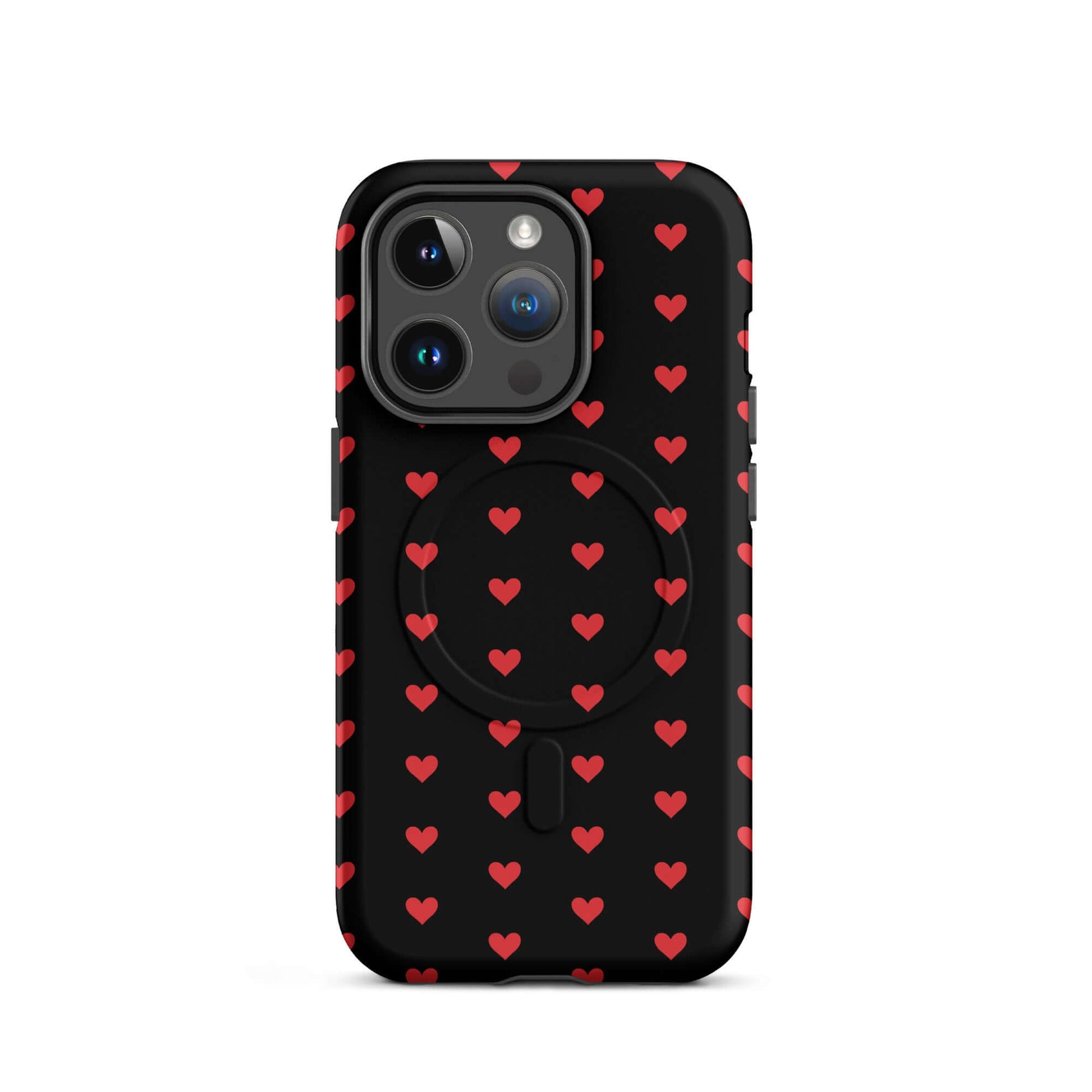 Magnetic Phone Case for iPhone with fiery red hearts pattern on a black background