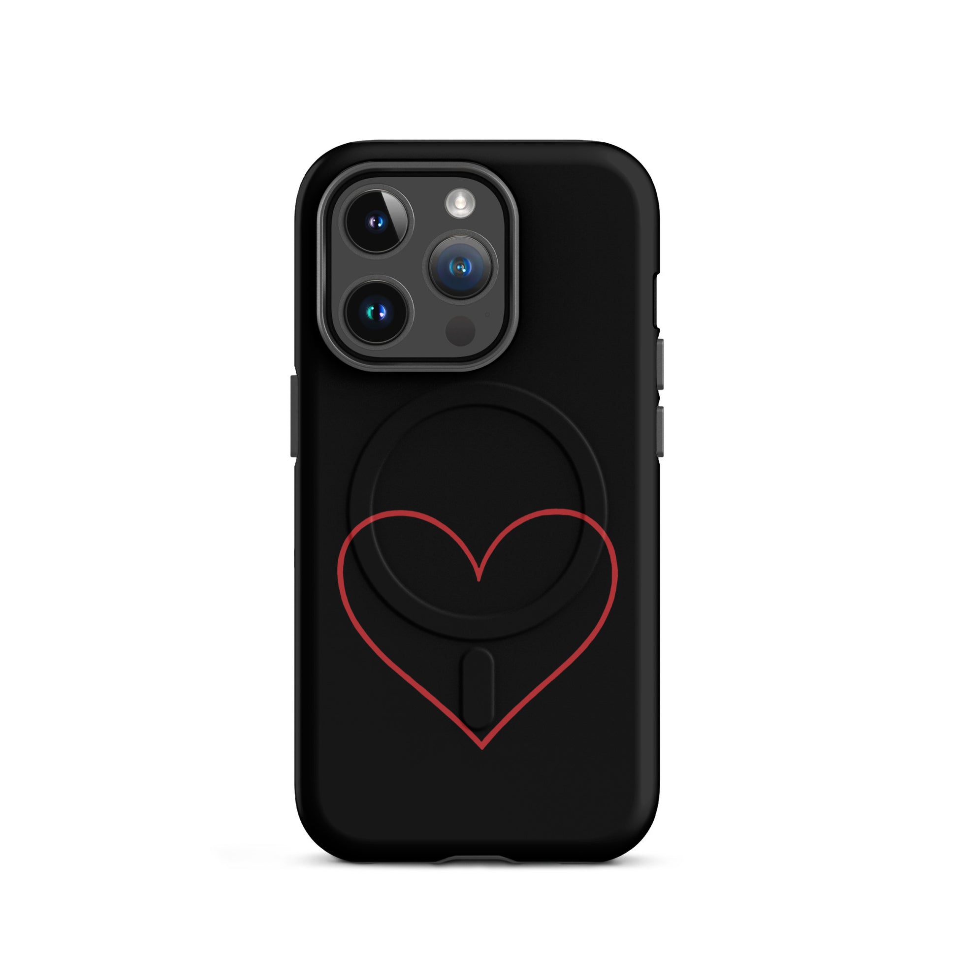 Magnetic Phone Case for iPhone with minimalist crimson heart design on a sleek black background.