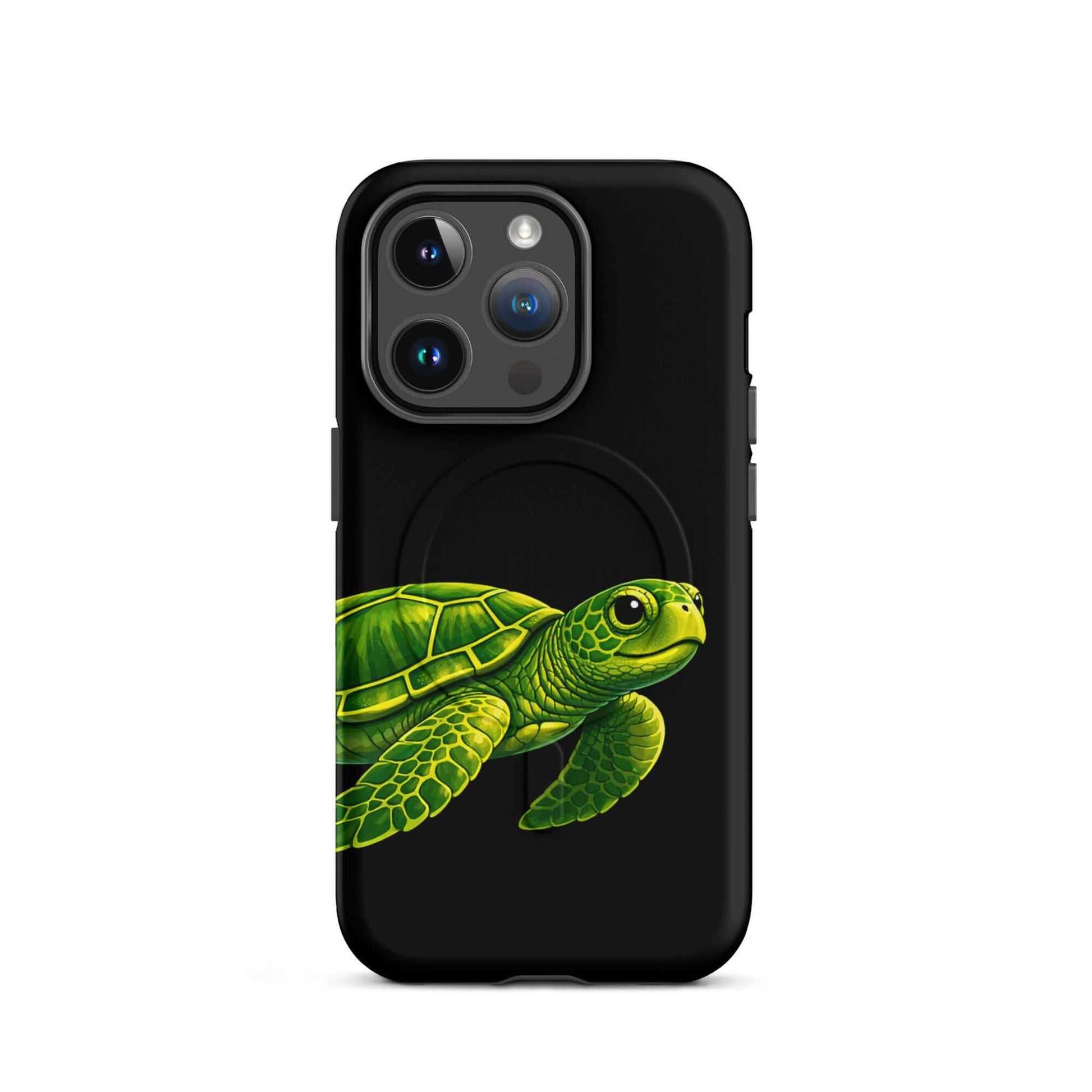 Magnetic Phone Case featuring vibrant sea turtle design on black background, combining style and protection.