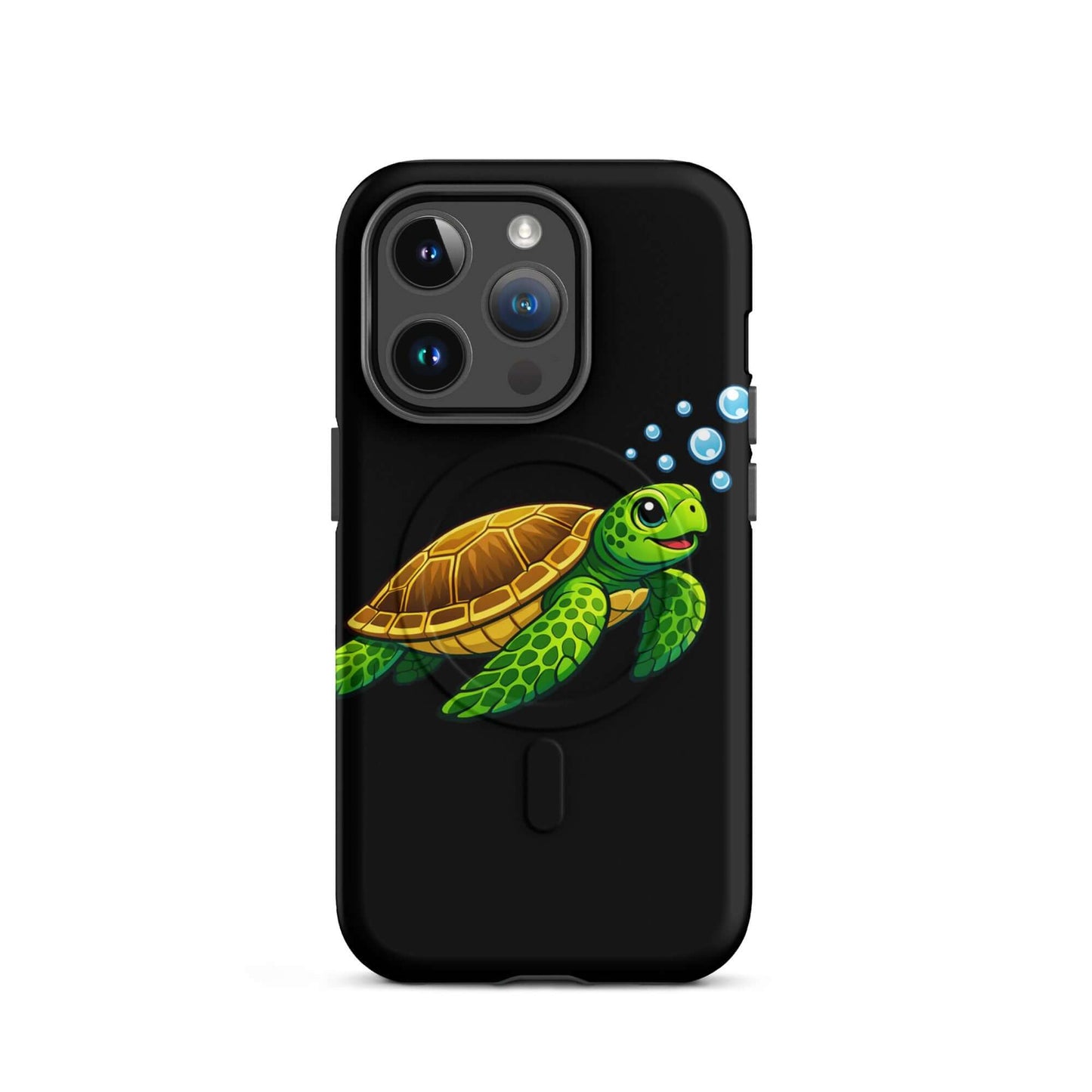Magnetic Phone Case featuring playful sea turtle artwork on a black background.