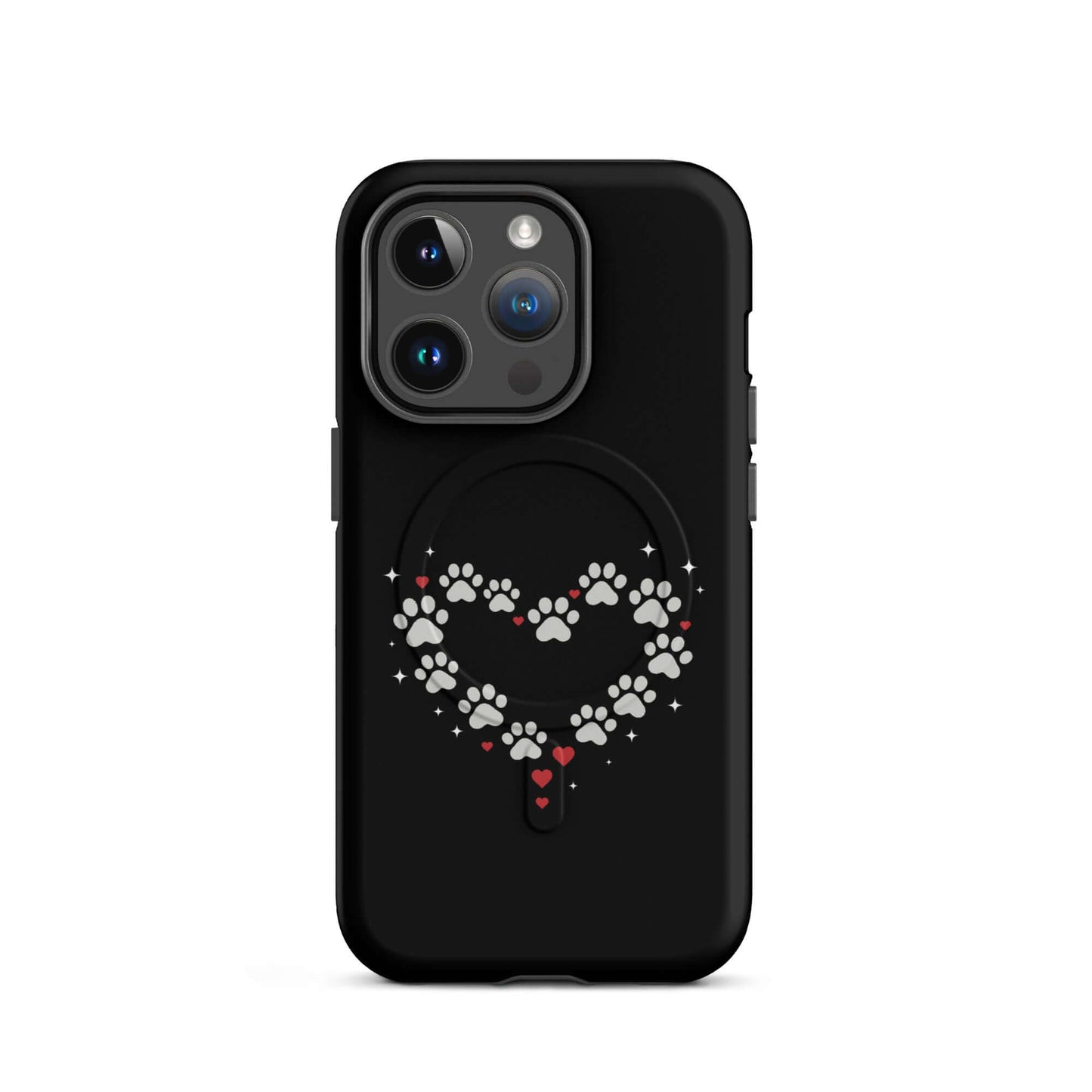 Magnetic Phone Case for iPhone featuring paw-print heart design on a black background.