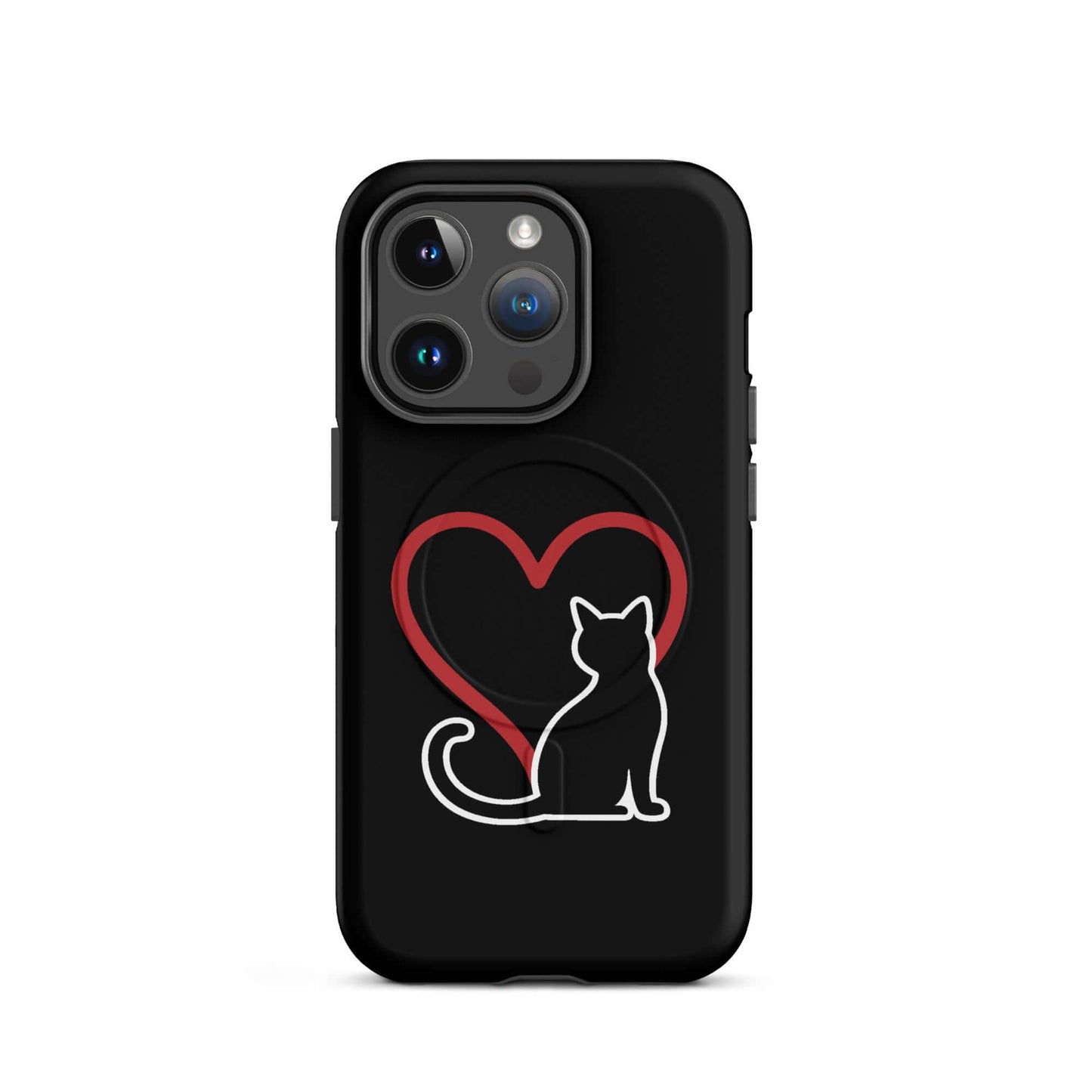 Magnetic Phone Case featuring a black cat outline and red heart design, perfect for cat lovers.