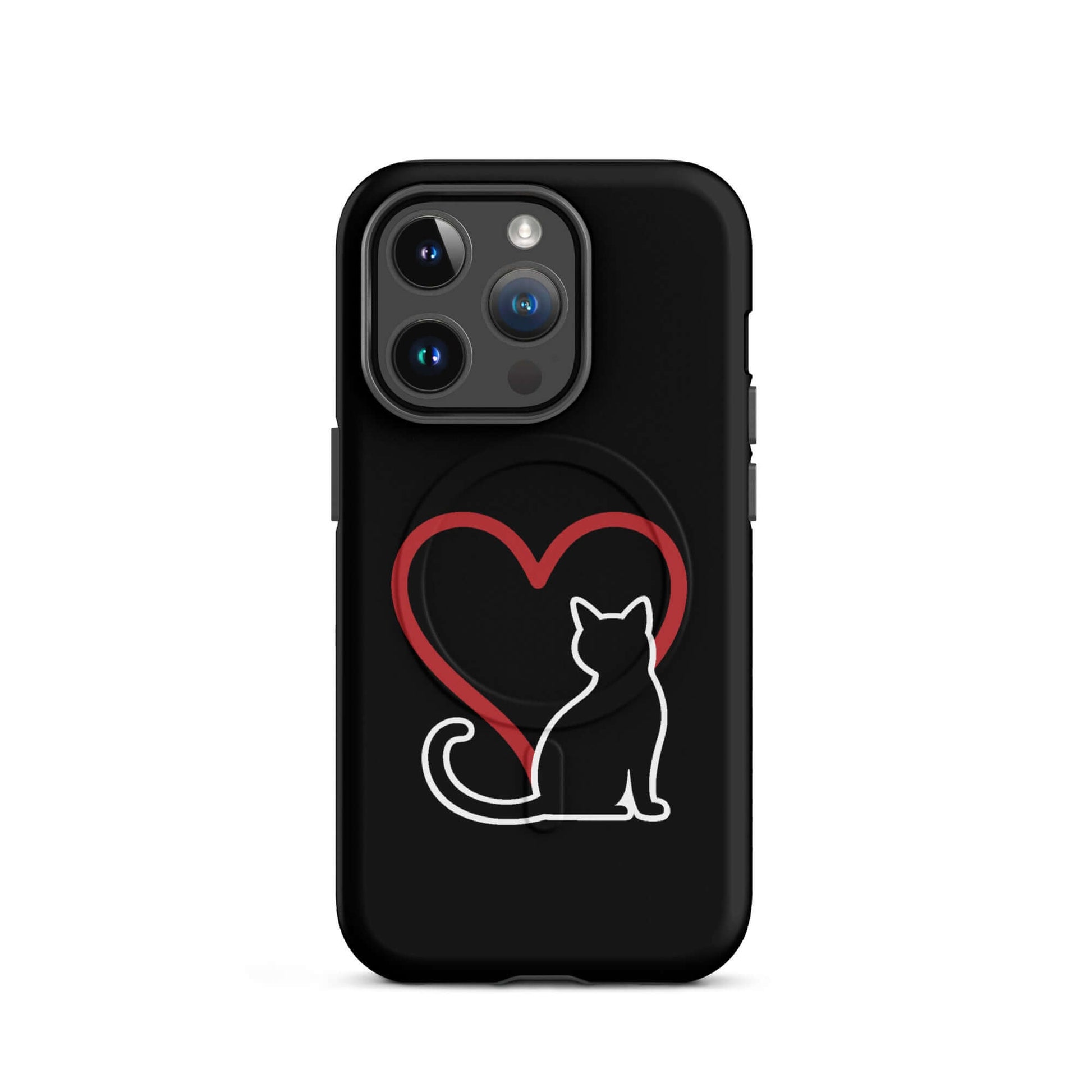 Magnetic Phone Case featuring a black cat outline and red heart design, perfect for cat lovers.