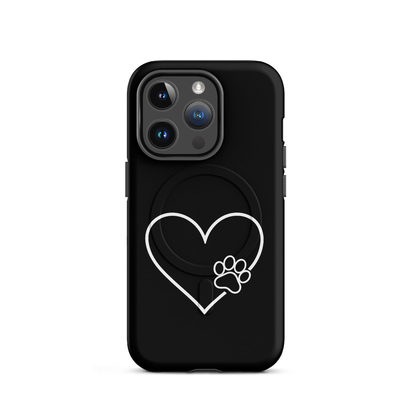 Magnetic Phone Case for iPhone with heart and paw print design, combining style and pet loyalty, in a minimalist black and white theme.