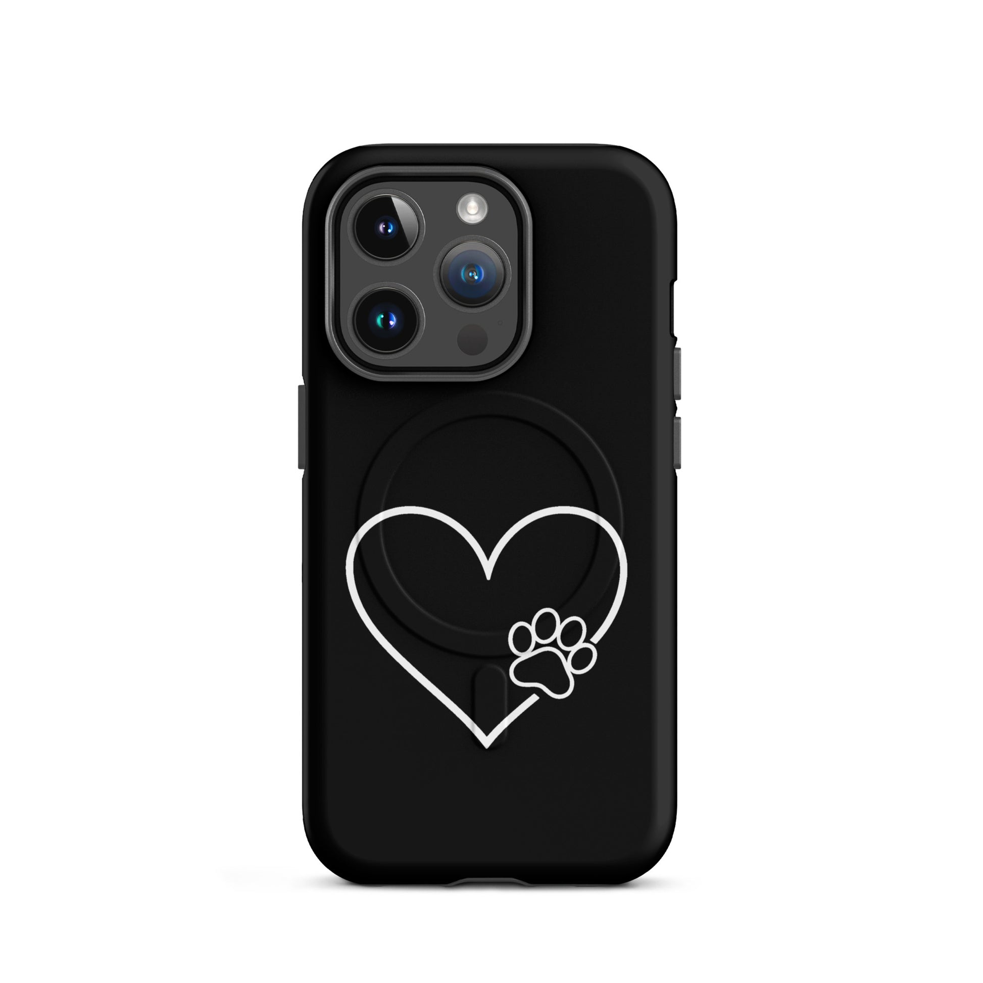 Magnetic Phone Case for iPhone with heart and paw print design, combining style and pet loyalty, in a minimalist black and white theme.