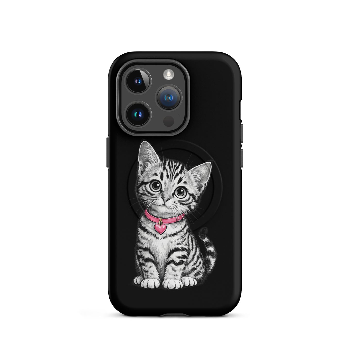 Magnetic Phone Case for iPhone with kitten design, pink collar and heart charm, featuring elegant hand-rendered artistry.