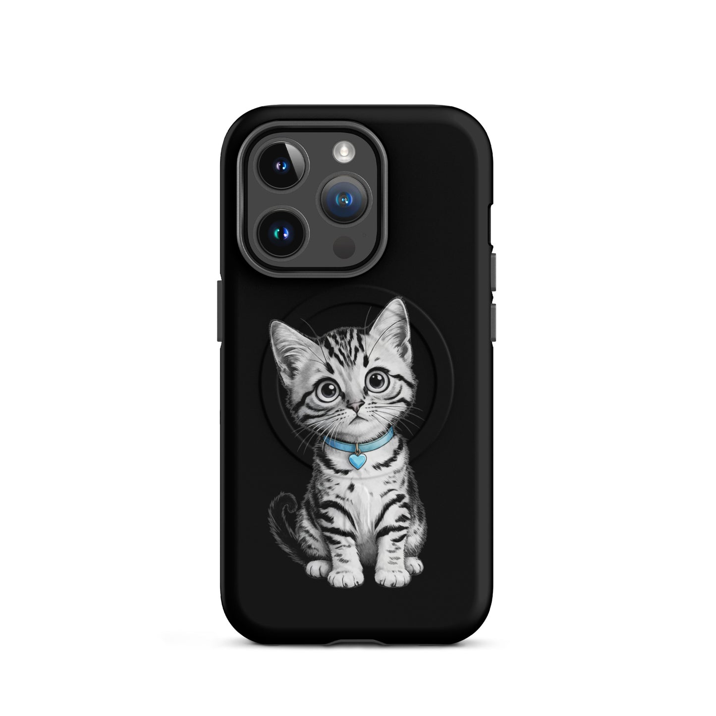 Magnetic Phone Case for iPhone featuring pencil-sketch kitten with blue collar and heart charm, premium protection and charm.