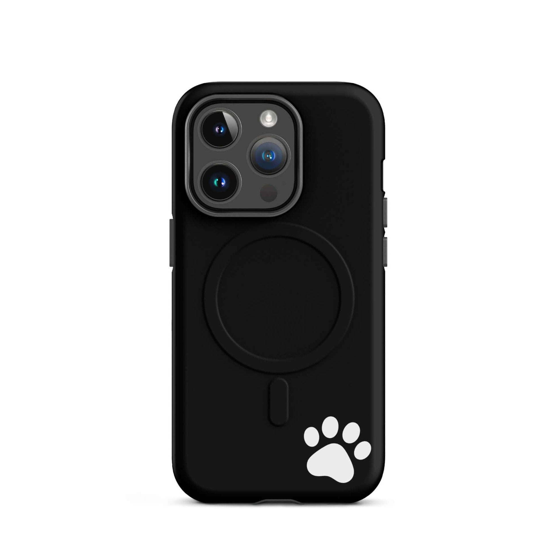 Magnetic Phone case for iPhone featuring a minimalist black design with a small white paw print in the lower right corner.