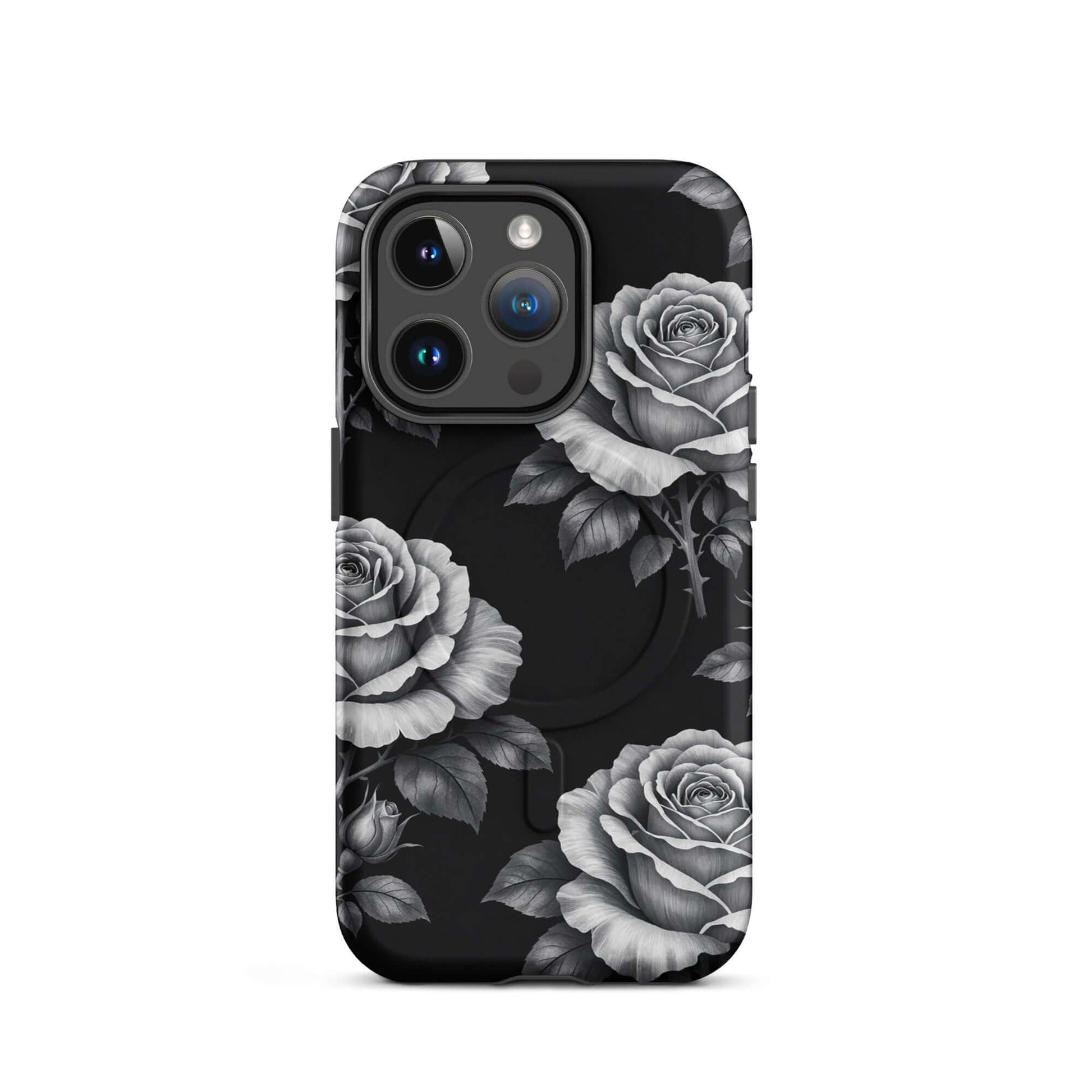 Magnetic Phone Case for iPhone with rose garden design on a black background, featuring hand-sketched roses and leaves, elegant style.
