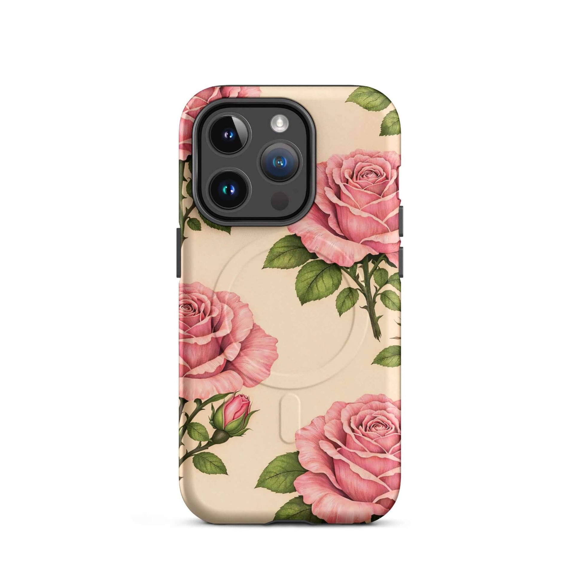 Magnetic Phone Case featuring pink roses and green leaves on a warm cream background for iPhone elegance and floral beauty.