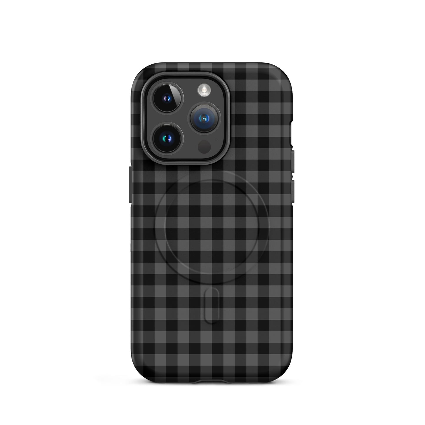 Magnetic Phone Case with black and charcoal gingham pattern for iPhone, offering modern style and protection.