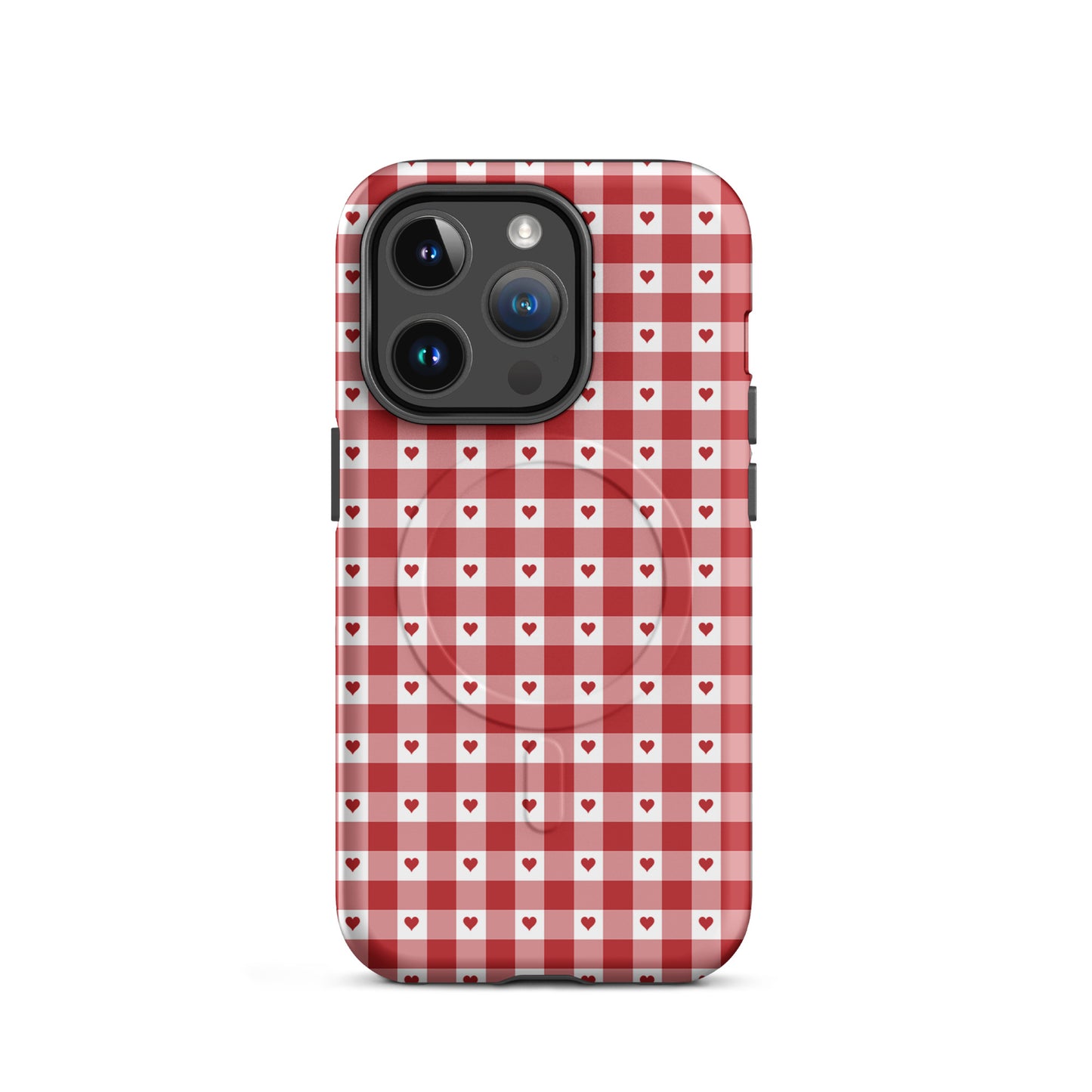 Magnetic Phone Case for iPhone with red-and-white gingham heart pattern, combining style and durability.