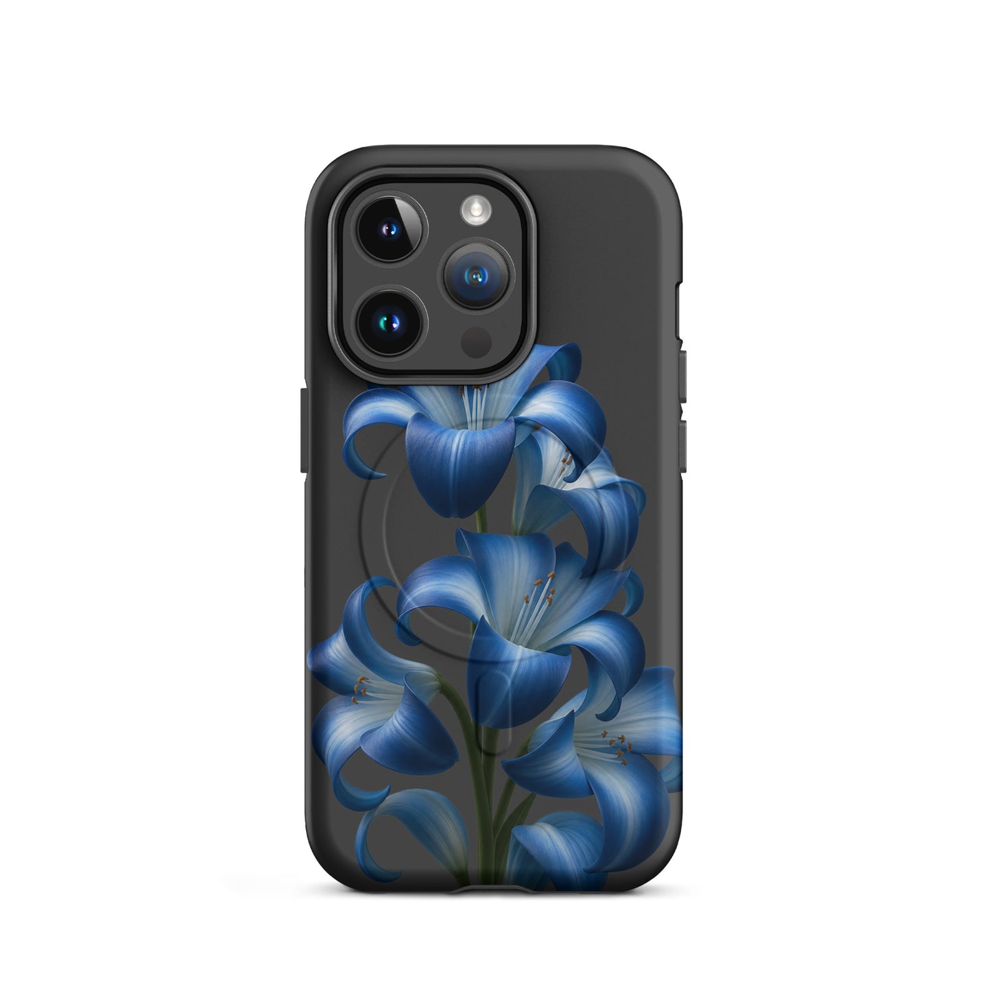 Magnetic Phone Case with Blue Lily Bloom Art for iPhone, featuring dual-layer protection and stylish floral design.