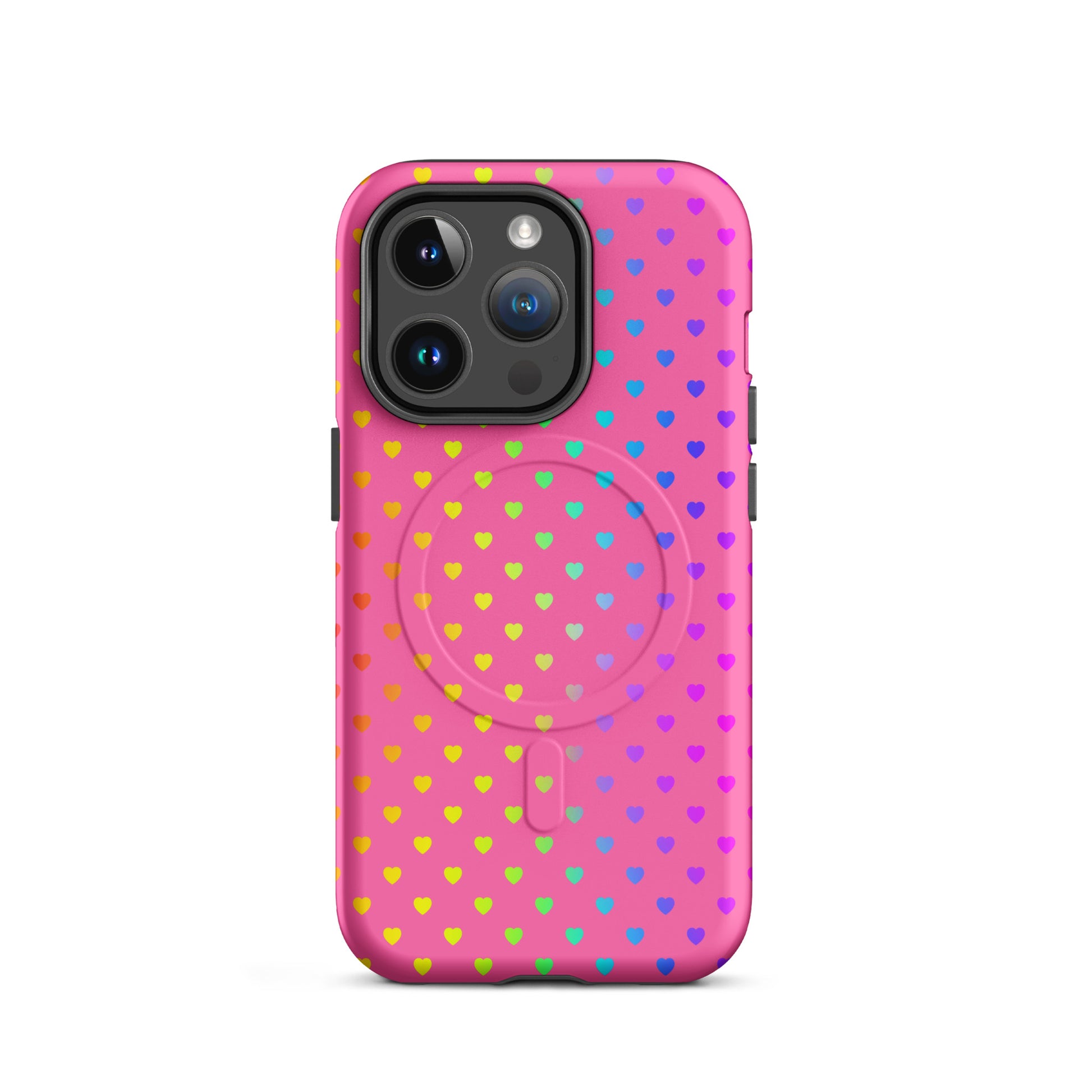Magnetic Phone Case for iPhone with rainbow hearts on pink background, dual-layer protection, cute and colorful design.