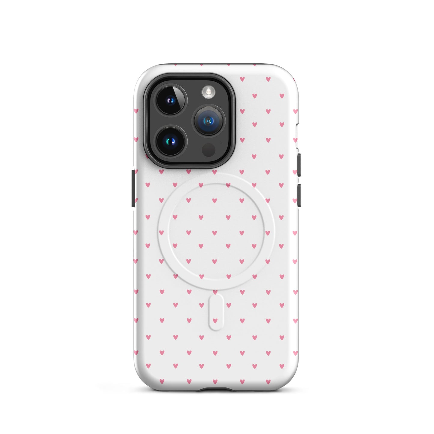 Magnetic Phone Case with heart pattern for iPhone, playful polka-dot design with tiny hearts on bold background.