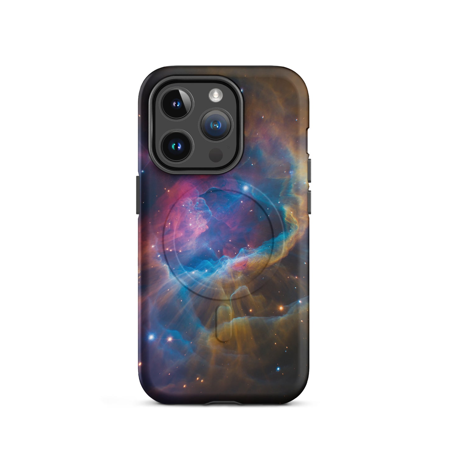 Magnetic Phone Case for iPhone featuring a swirling nebula design with electric blues, fiery oranges, and dreamy pinks cosmic background.